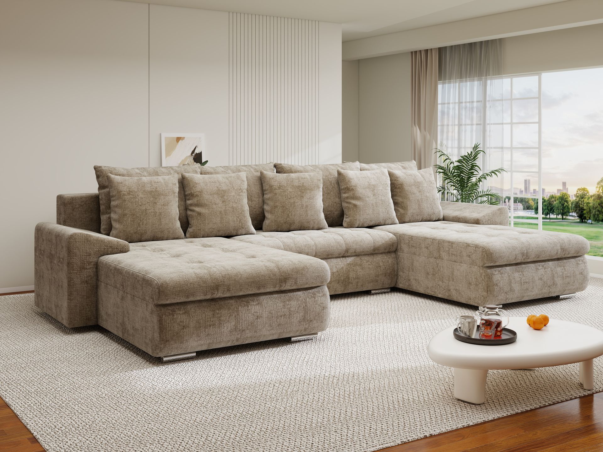 Colțar extensibil dumonde cu ladă de depozitare si sezut confortabil din spuma high-density, Leonardo U Cremona Bej 14 360x185 cm