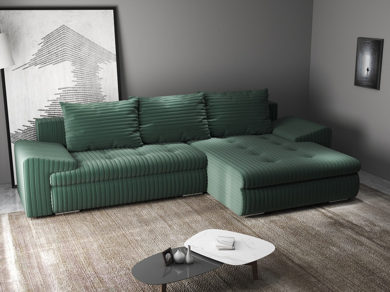 Colțar extensibil dumonde cu ladă de depozitare si sezut confortabil din spuma HR, Leonardo Ambience Verde 260x185 cm II Fabrica