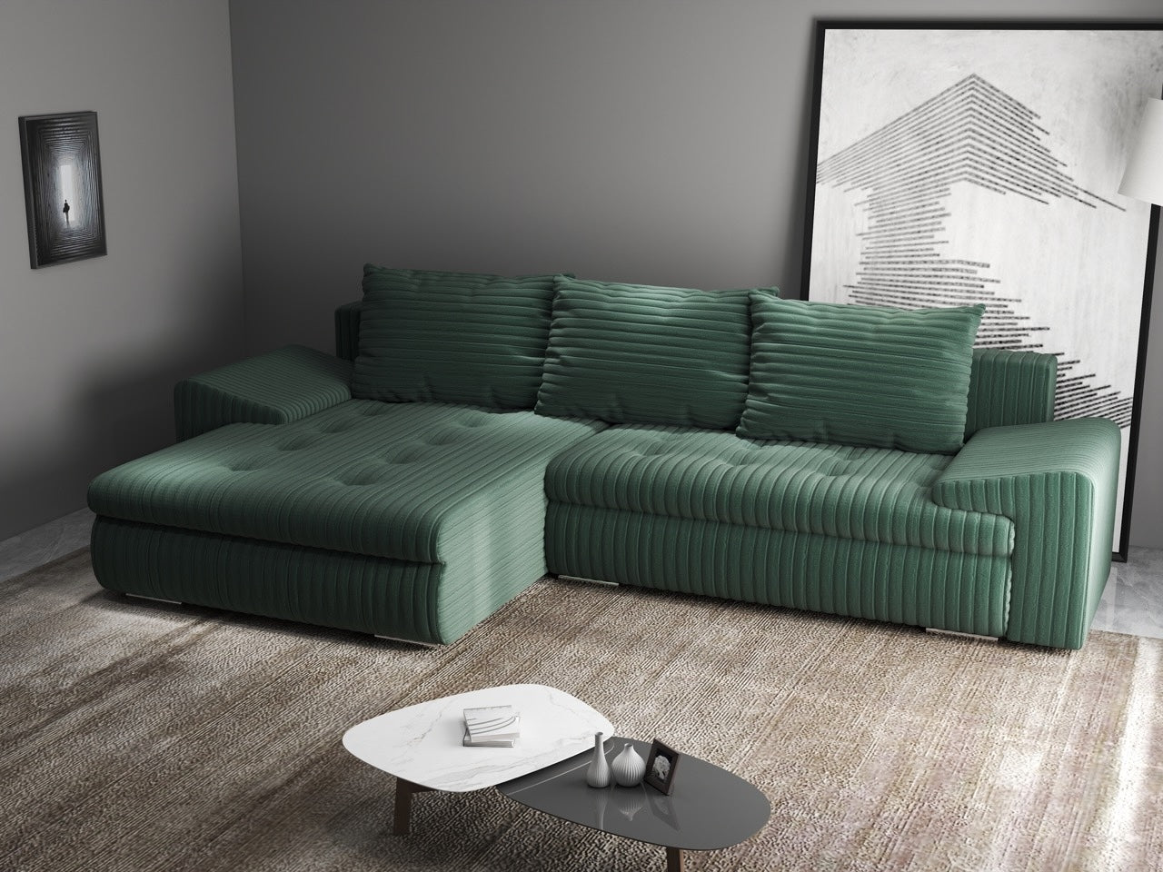Colțar extensibil dumonde cu ladă de depozitare si sezut confortabil din spuma HR, Leonardo Ambience Verde 260x185 cm Fabrica