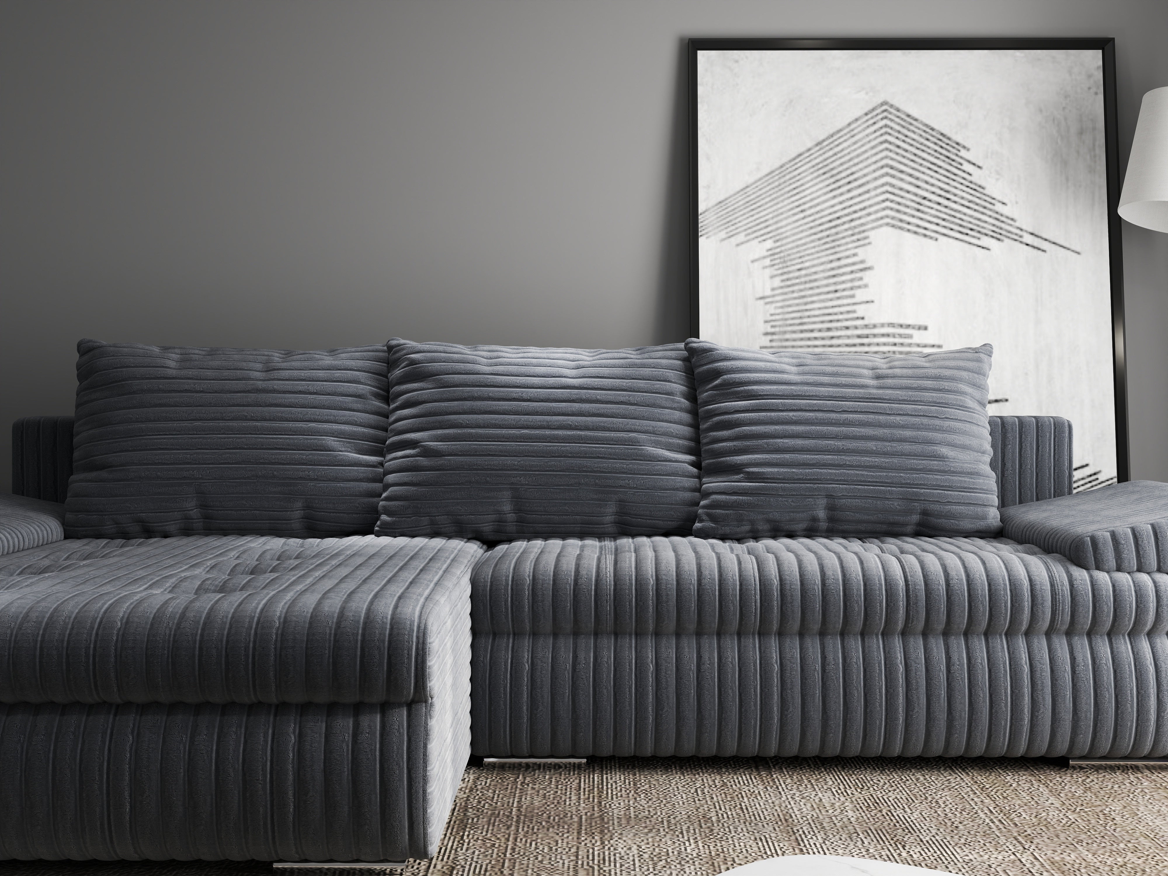 Colțar extensibil dumonde cu ladă de depozitare si sezut confortabil din spuma HR, Leonardo Ambience Gri 260x185 cm Fabrica