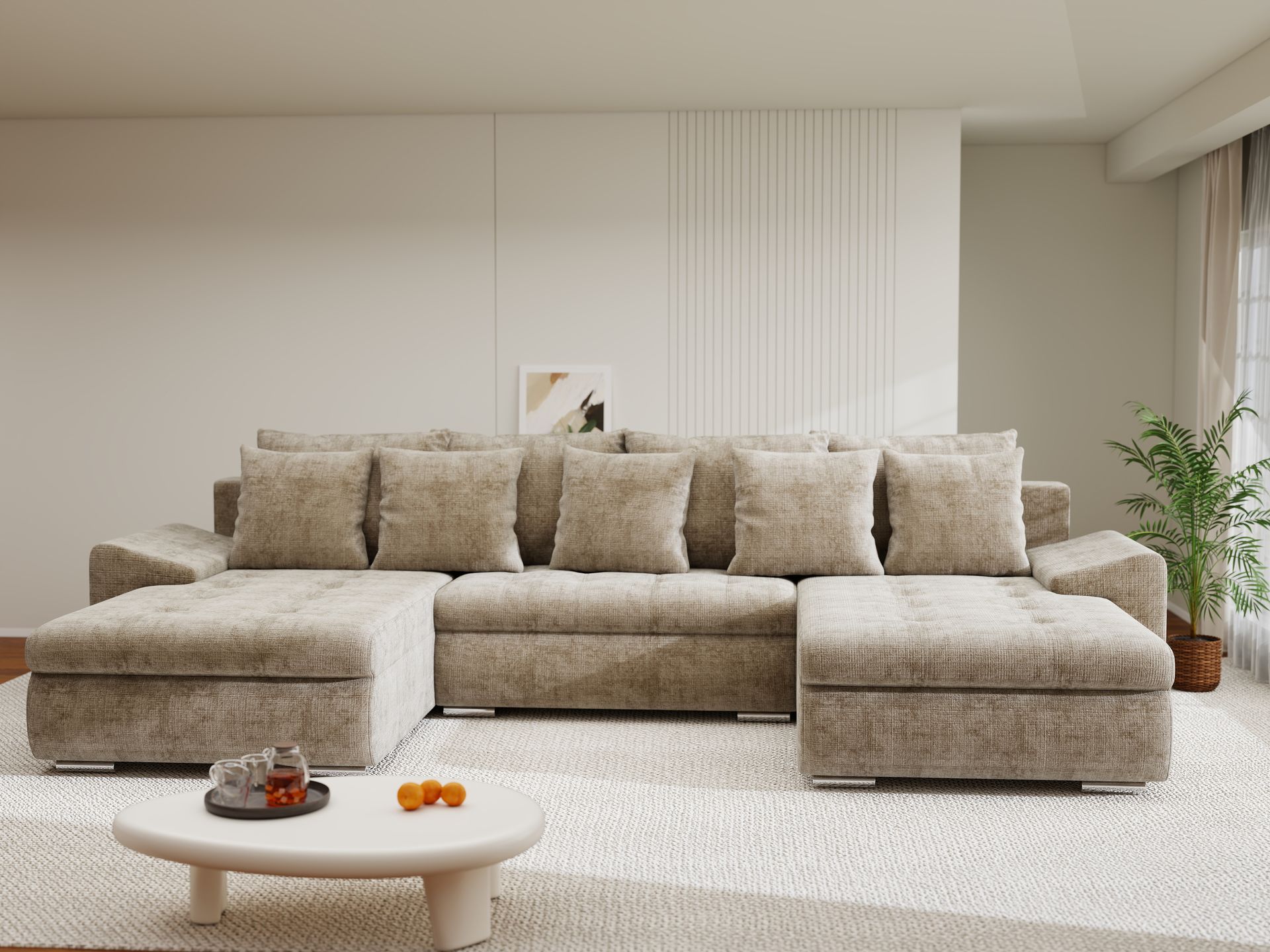 Colțar extensibil dumonde cu ladă de depozitare si sezut confortabil din spuma high-density, Leonardo U Cremona Bej 14 360x185 cm