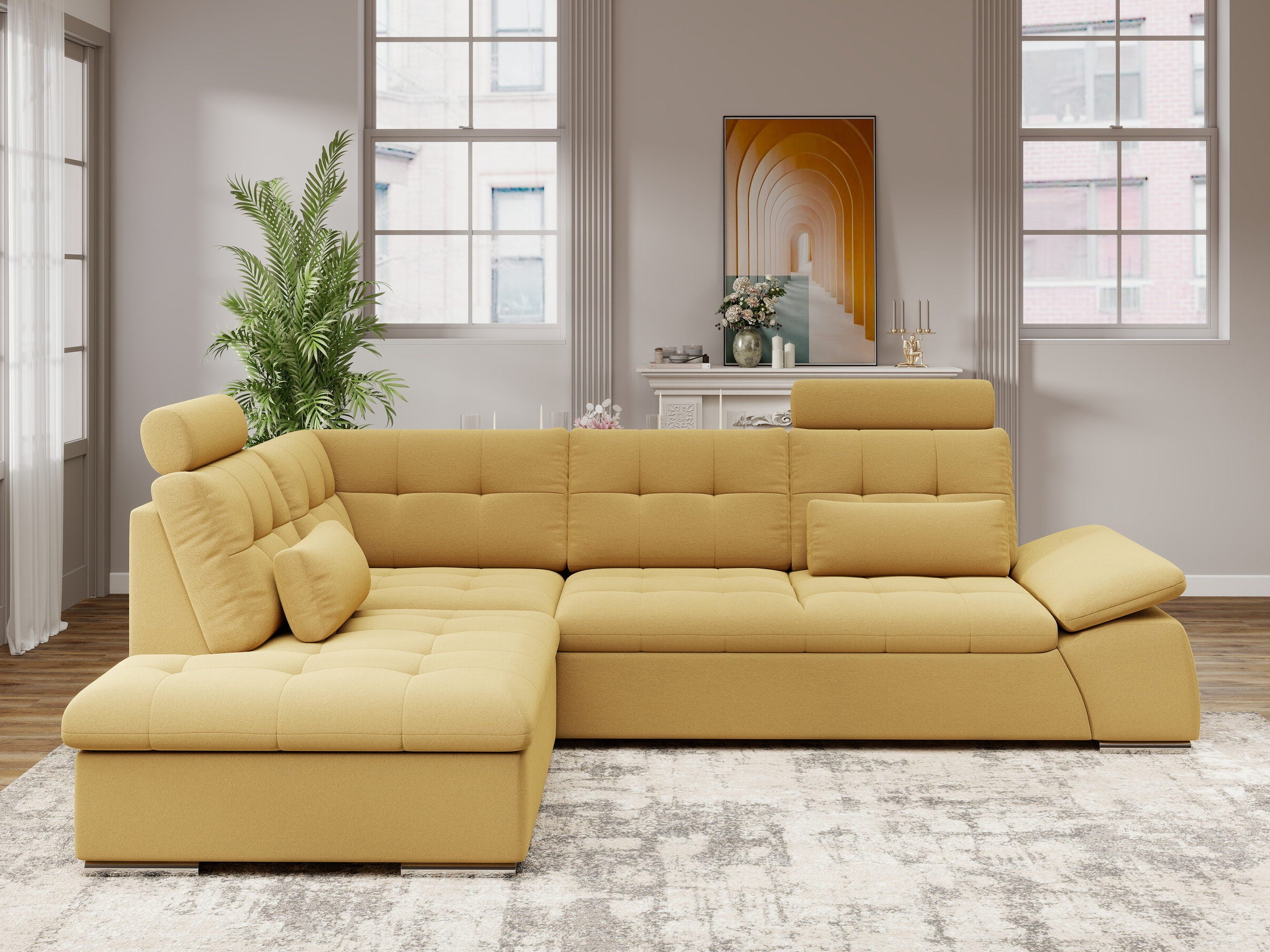 Colțar extensibil dumonde cu ladă de depozitare și șezut confortabil din spumă HR, Merkur XL Royal Mustar 256x217 cm