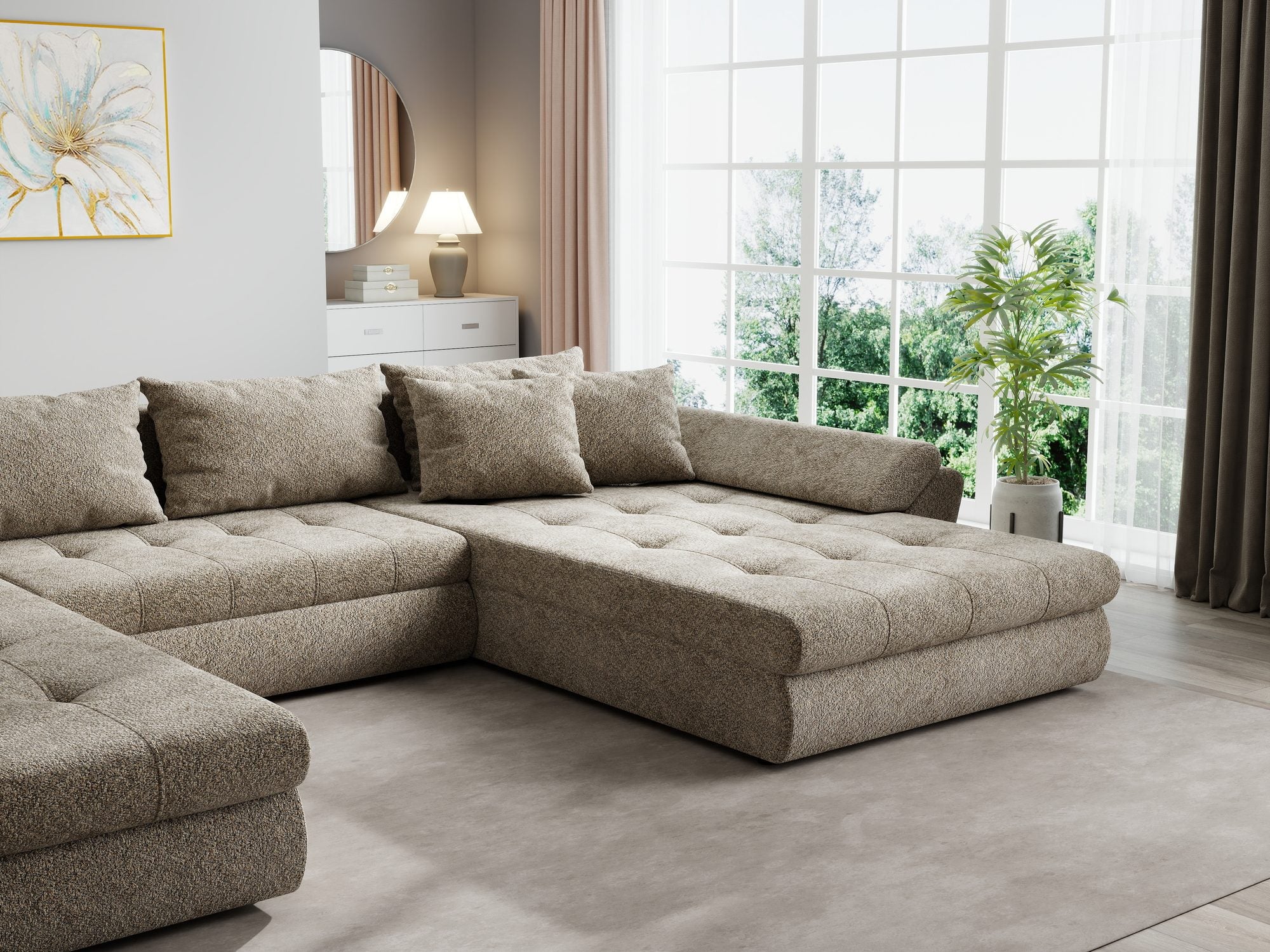 Colțar extensibil dumonde cu ladă de depozitare si sezut confortabil din spuma high-density, Loana U Arena Bej 4 355x185 cm