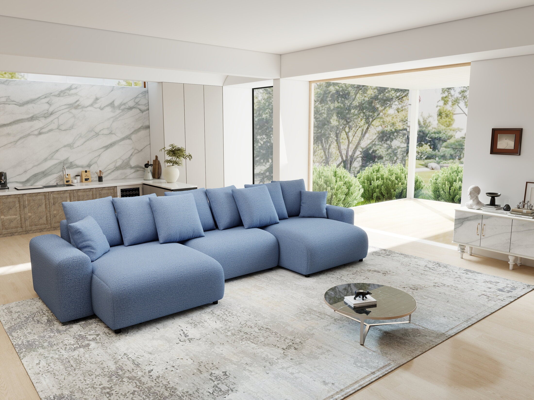 Colțar extensibil dumonde cu ladă de depozitare si sezut confortabil din spuma HR, Luma U Enjoy Albastru 336x140 cm