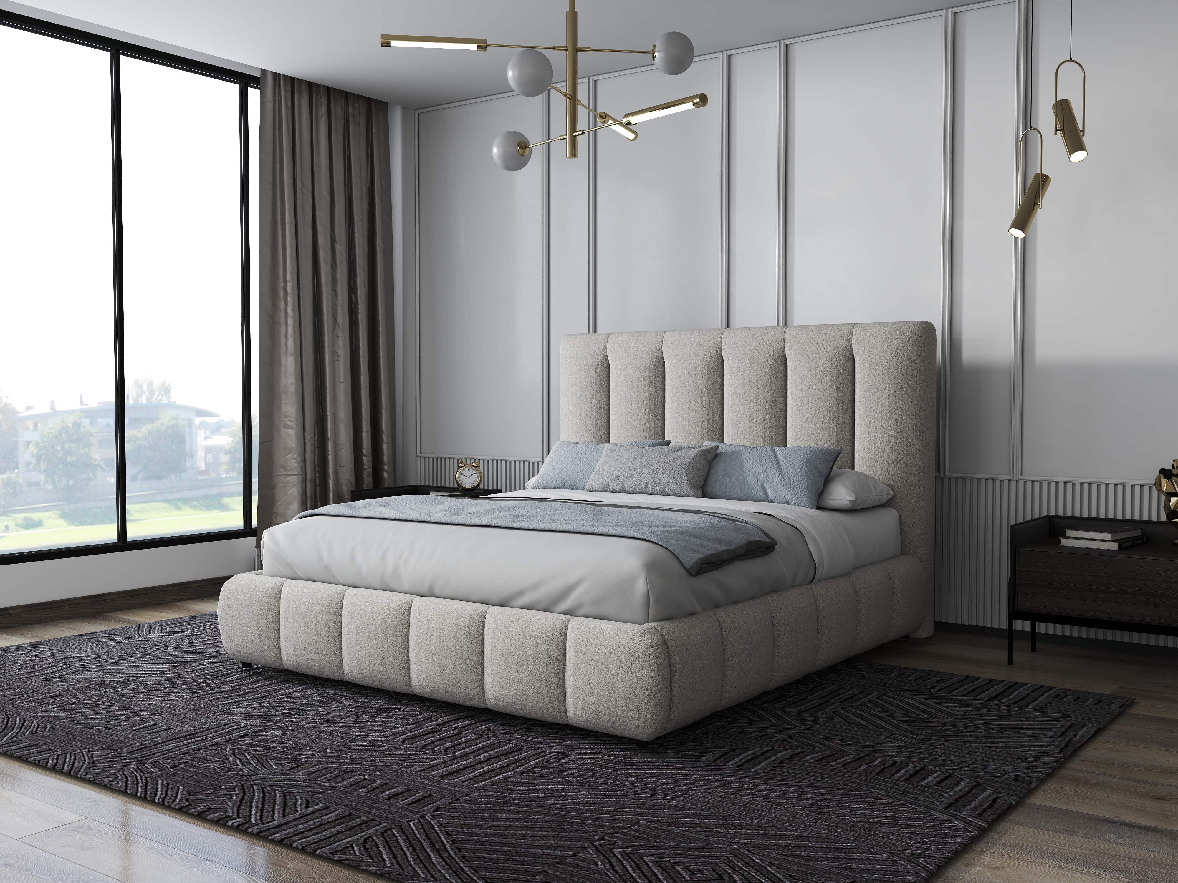 Pat dormitor dumonde, tapitat gri, Divaneo 180x200 cm, somiera rabatabila inclusa, spatiu depozitare WLS