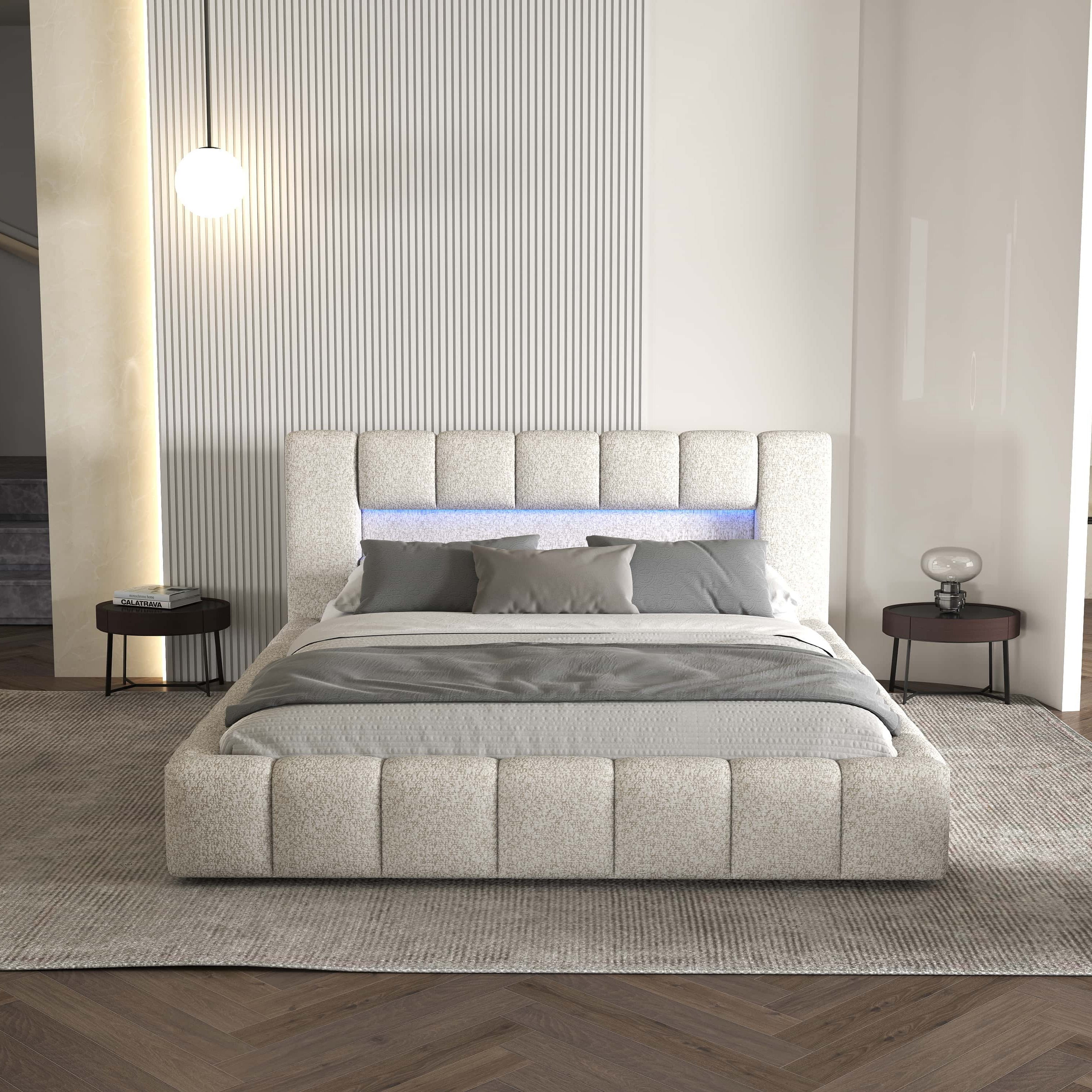 Pat dormitor dumonde, tapitat alb cu LED si USB, Palermo 180x200 cm, somiera rabatabila inclusa, spatiu depozitare WLS