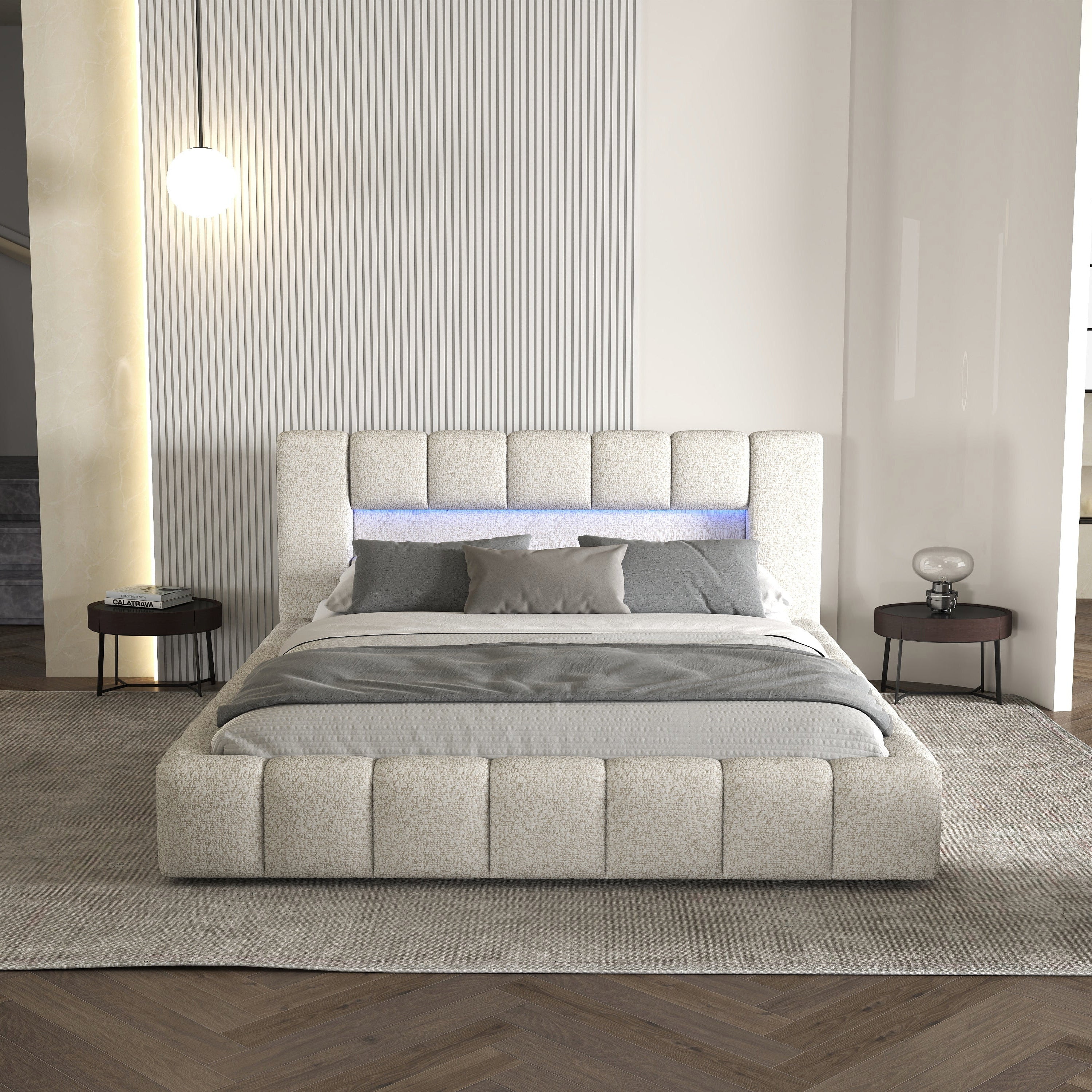 Pat dormitor dumonde, tapitat gri cu LED si USB, Palermo 160x200 cm, somiera rabatabila inclusa, spatiu depozitare