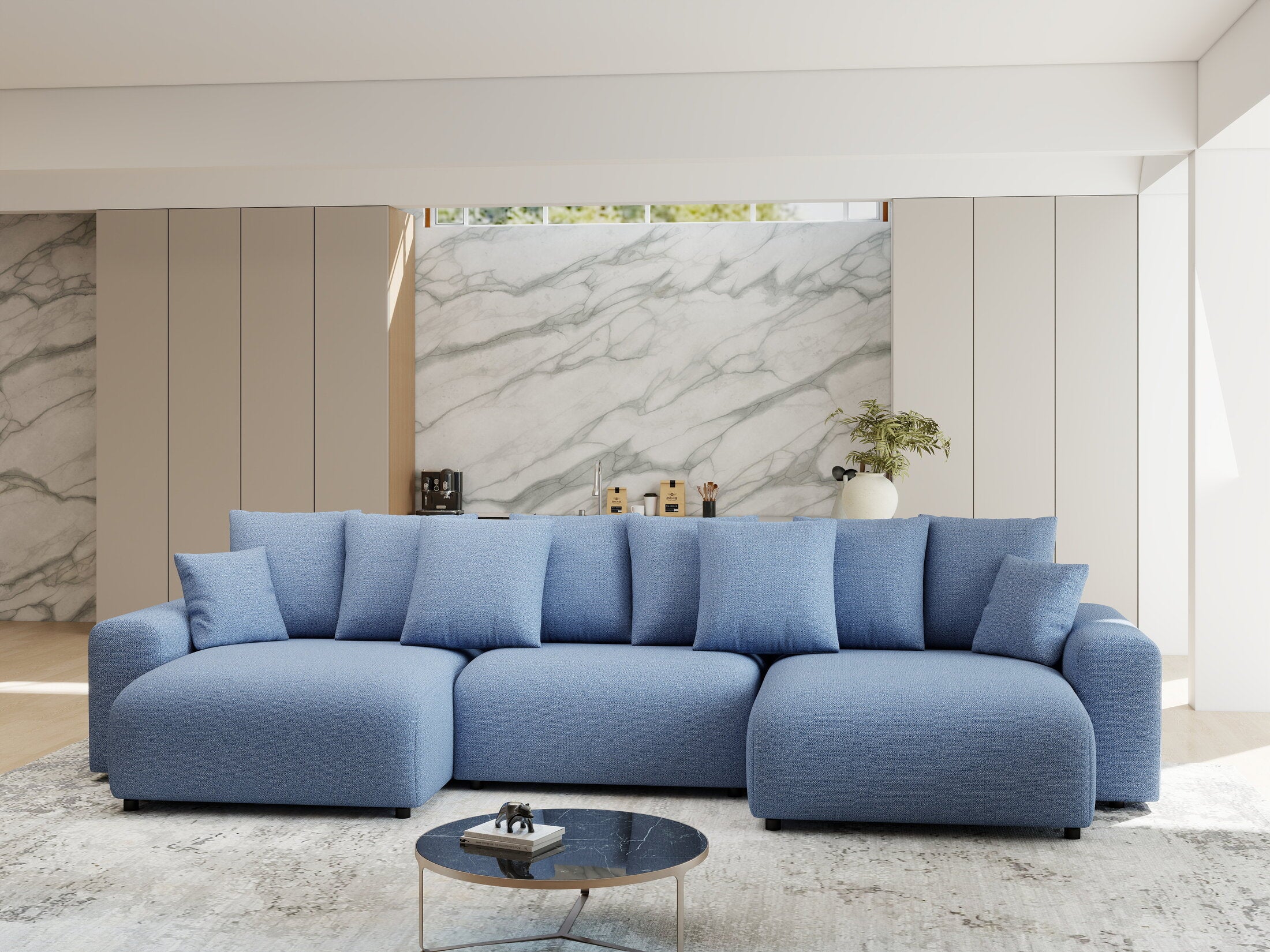 Colțar extensibil dumonde cu ladă de depozitare si sezut confortabil din spuma HR, Luma U Enjoy Albastru 336x140 cm