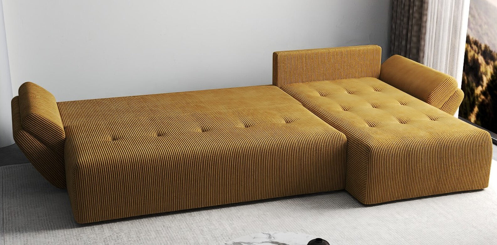 Colțar extensibil dumonde cu ladă de depozitare si sezut confortabil din spuma HR, Berlin XL Zoom Mustar 350x185 cm II Fabrica