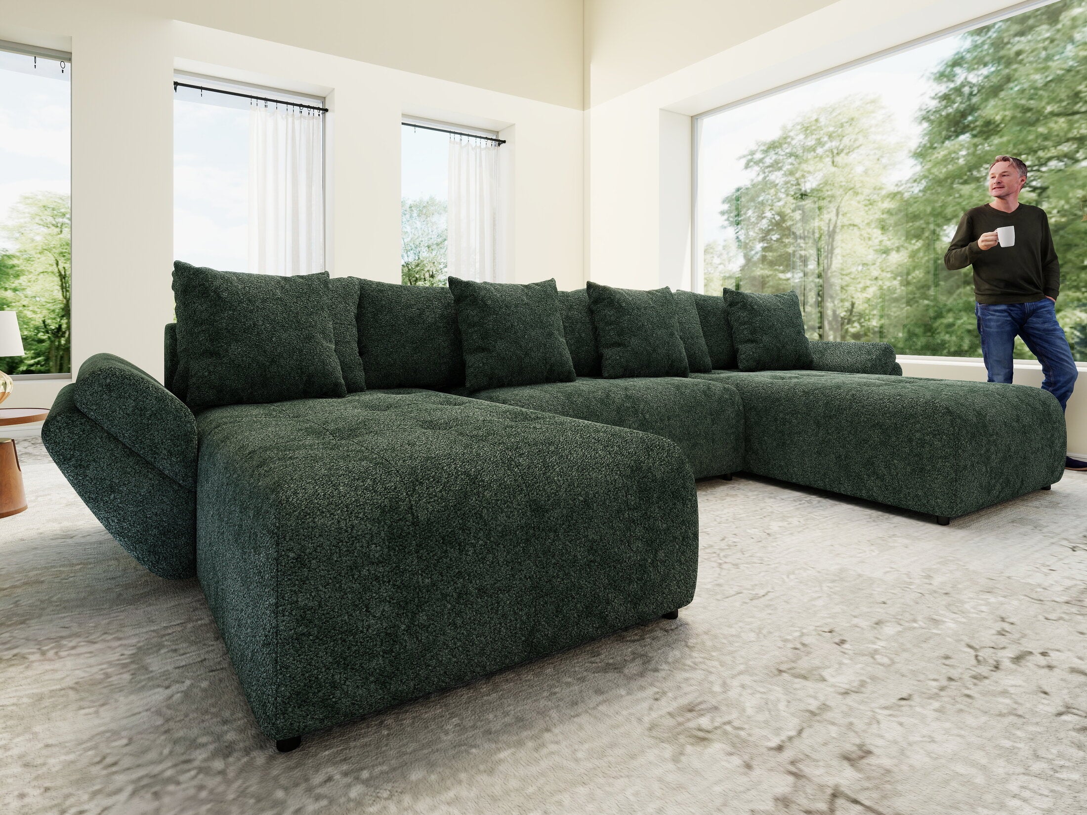 Colțar extensibil dumonde cu ladă de depozitare si sezut confortabil din spuma HR, Berlin U Euphoria Verde 380x180 cm