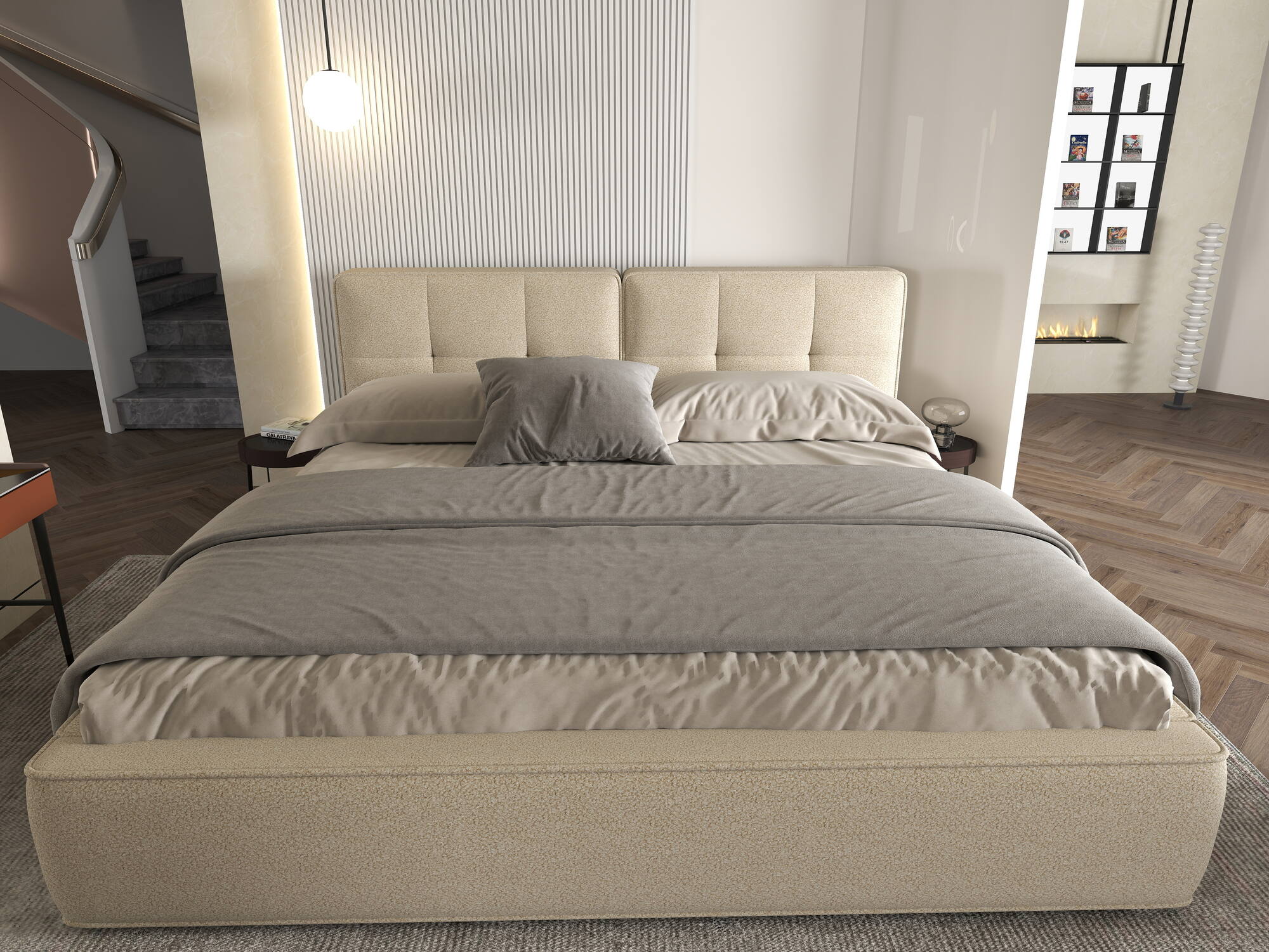 Pat dormitor dumonde, tapitat bej, Vegas 180x200 cm, somiera rabatabila inclusa, spatiu depozitare