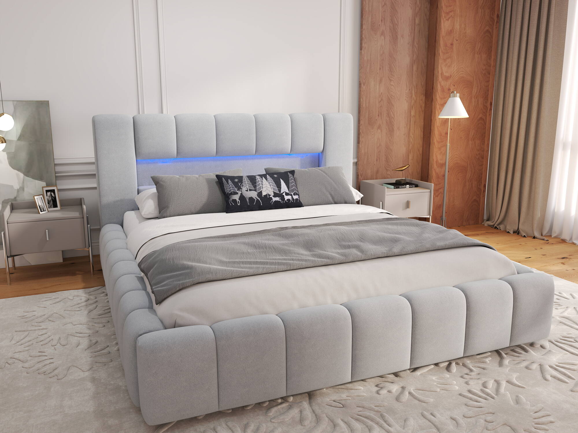 Pat dormitor dumonde, tapitat bej, Palermo 180X200 cm, somiera rabatabila inclusa, spatiu depozitare