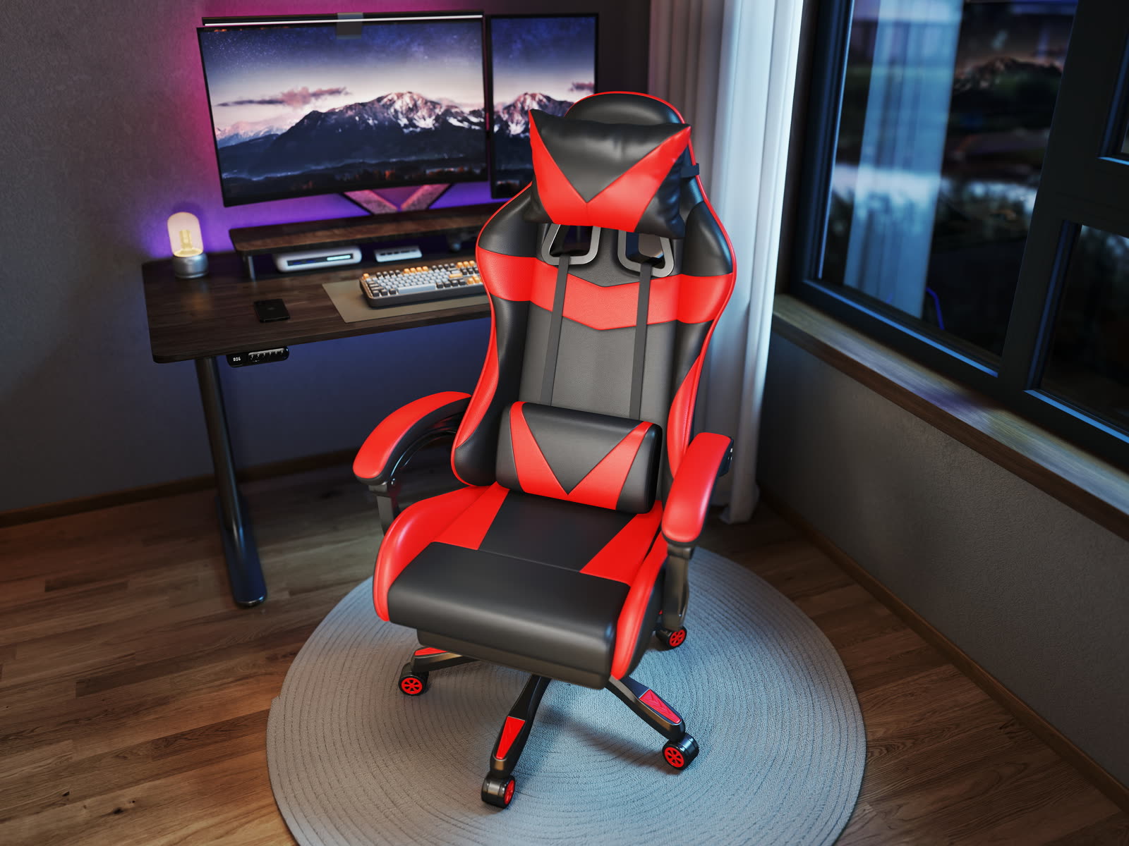 Scaun gaming Dumonde RIFT, mecanism multifuncțional, ecopiele, suport picioare, rosu/negru