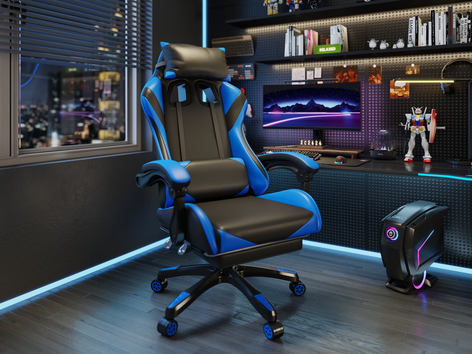 Scaun gaming Dumonde PREDATOR, mecanism multifuncțional, ecopiele, suport picioare, albastru/negru