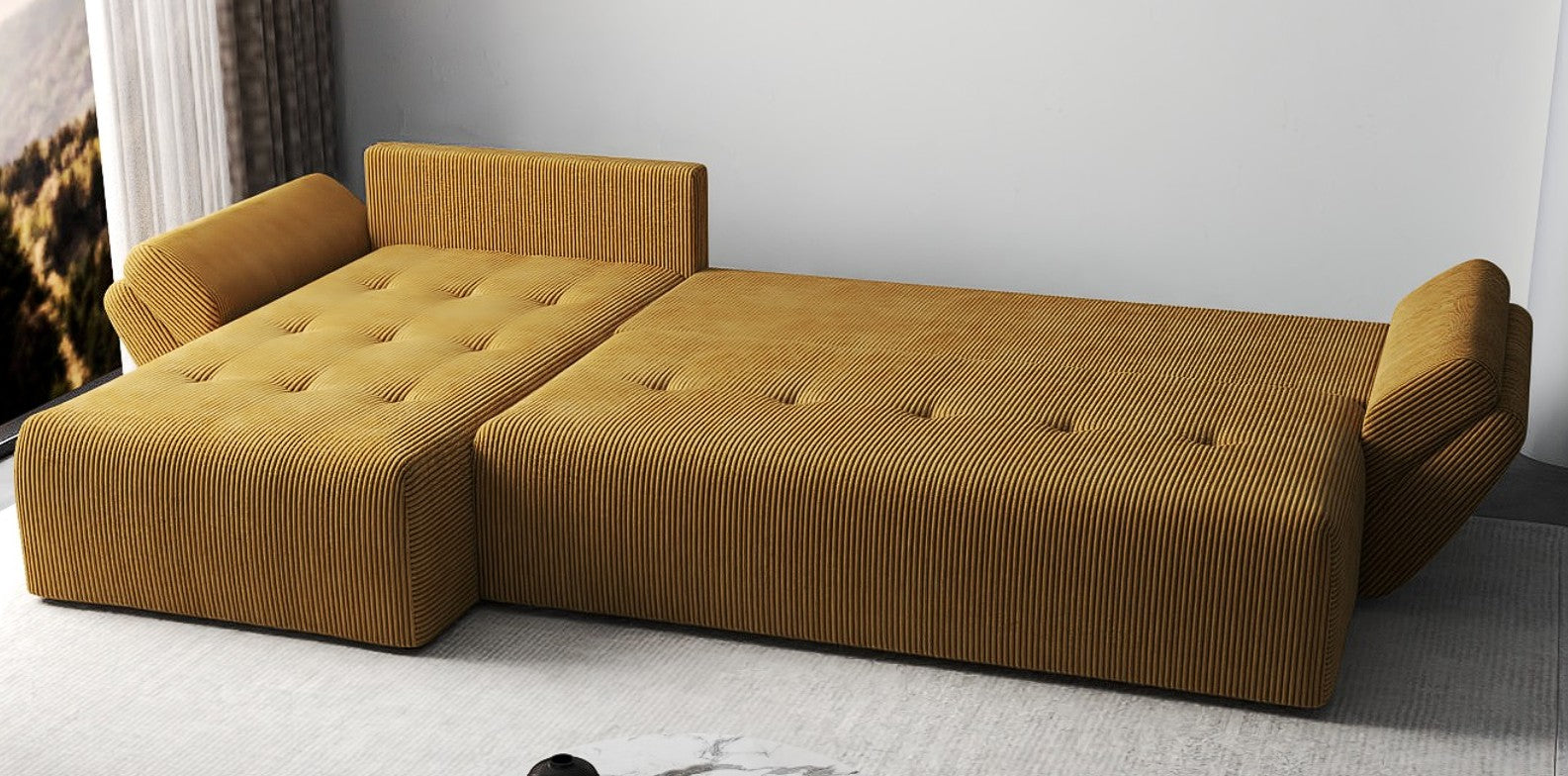 Colțar extensibil dumonde cu ladă de depozitare si sezut confortabil din spuma HR, Berlin XL Zoom Mustar 350x185 cm Fabrica