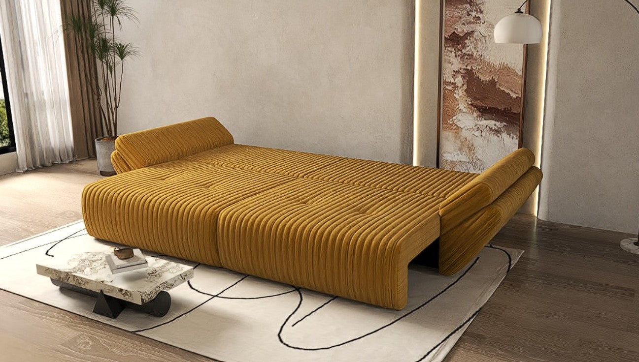 Canapea extensibilă dumonde cu ladă de depozitare si sezut confortabil din spuma HR, Berlin Ambience Mustar 300x100 cm Fabrica