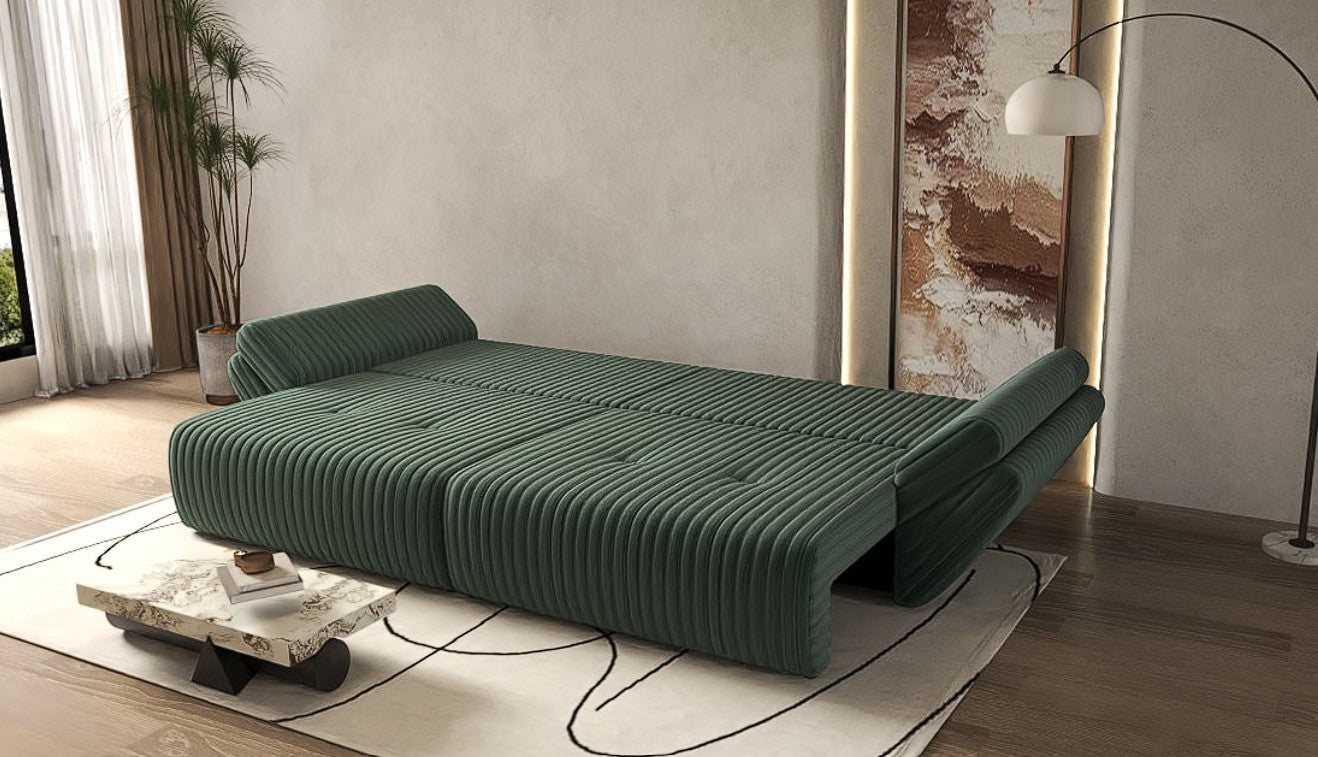 Canapea extensibilă dumonde cu ladă de depozitare si sezut confortabil din spuma HR, Berlin Ambience Green 300x100 cm Fabrica