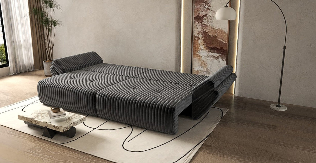 Canapea extensibilă dumonde cu ladă de depozitare si sezut confortabil din spuma HR, Berlin Ambience Grey 300x100 cm Fabrica