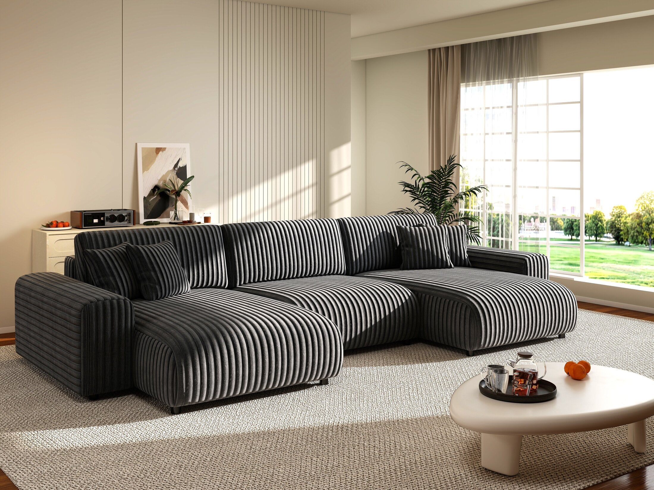 Colțar extensibil dumonde cu ladă de depozitare si sezut confortabil din spuma HR, Sarina U Ambience Gri 350x168 cm