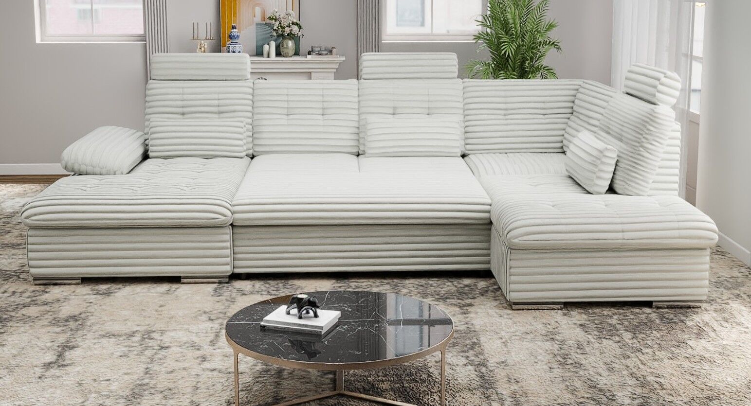 Colțar extensibil dumonde cu ladă de depozitare și șezut confortabil din spumă HR, Merkur U Ambience Alb 324x218 cm