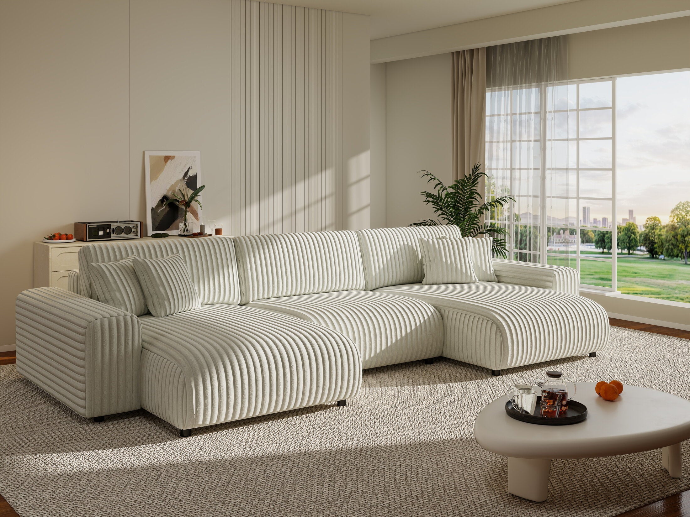 Colțar extensibil dumonde cu ladă de depozitare si sezut confortabil din spuma HR, Sarina U Ambience Alb 350x168 cm