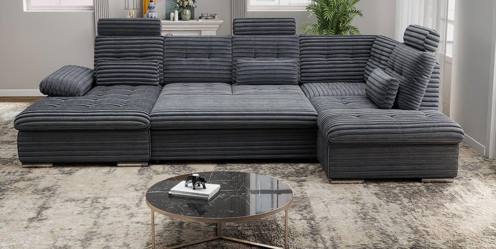 Colțar extensibil dumonde cu ladă de depozitare și șezut confortabil din spumă HR, Merkur U Ambience Gri 324x218 cm