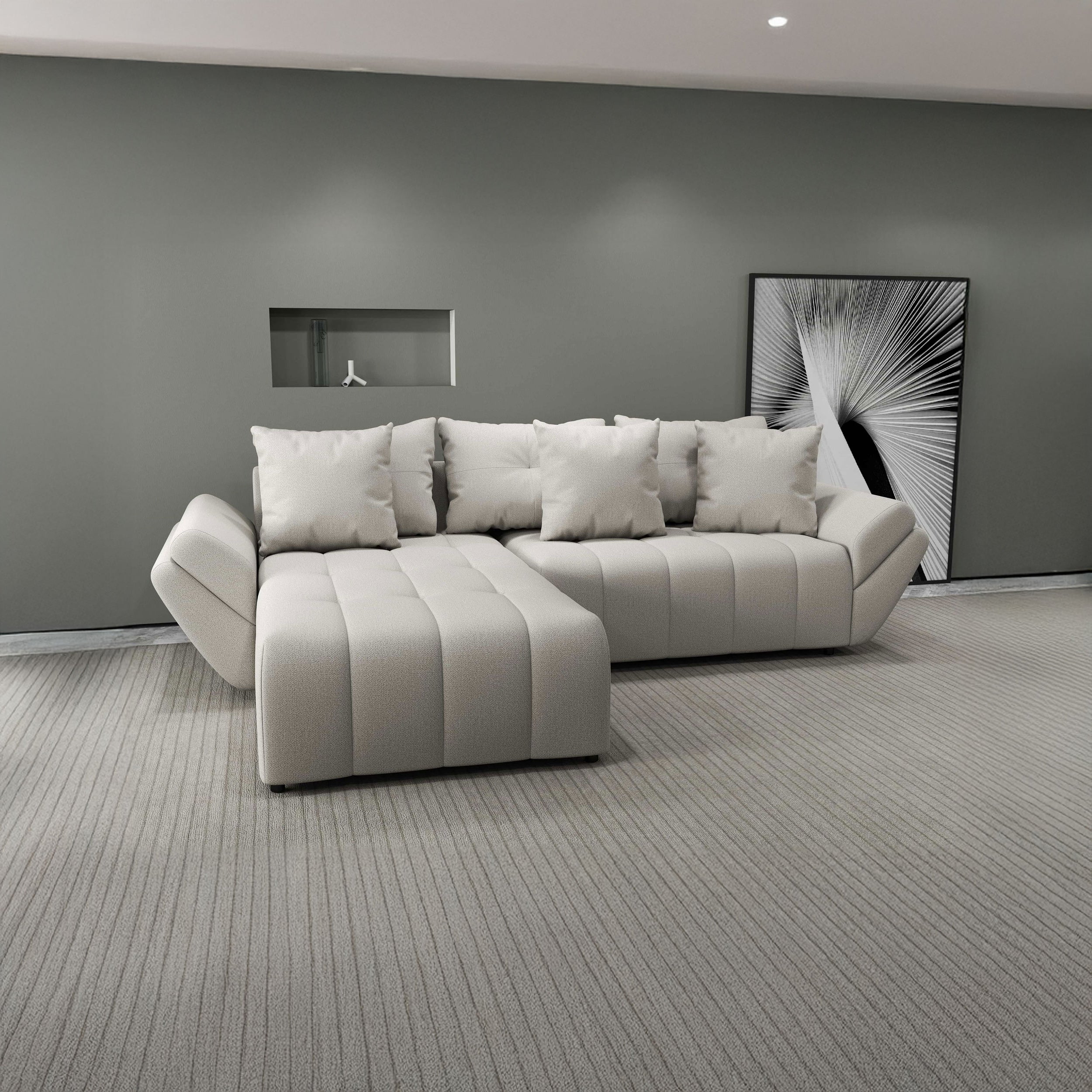 Colțar extensibil dumonde cu ladă de depozitare si sezut confortabil din spuma HR, Berlin Enjoy Bej 280x185 cm Fabrica