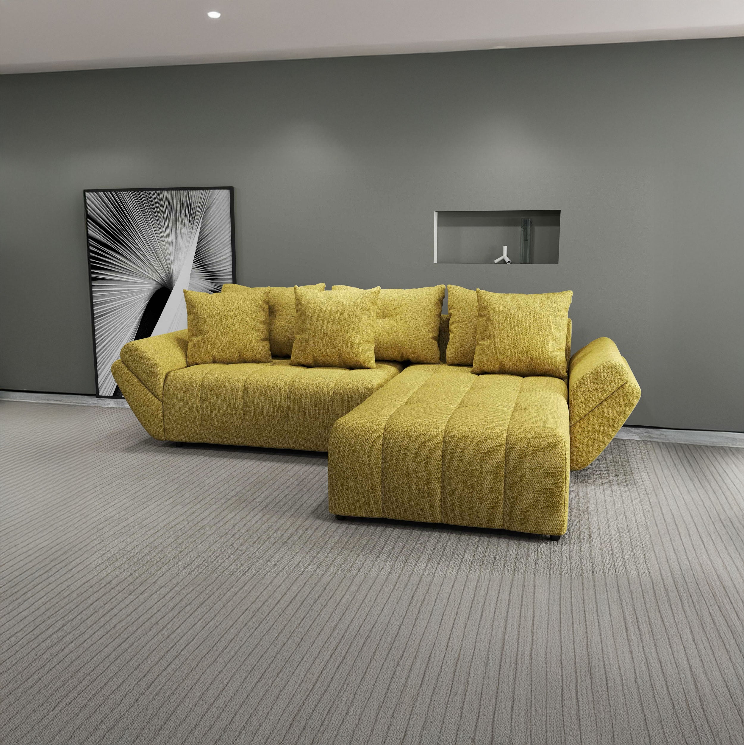 Colțar extensibil dumonde cu ladă de depozitare si sezut confortabil din spuma HR, Berlin Enjoy Melon 280x185 cm II Fabrica