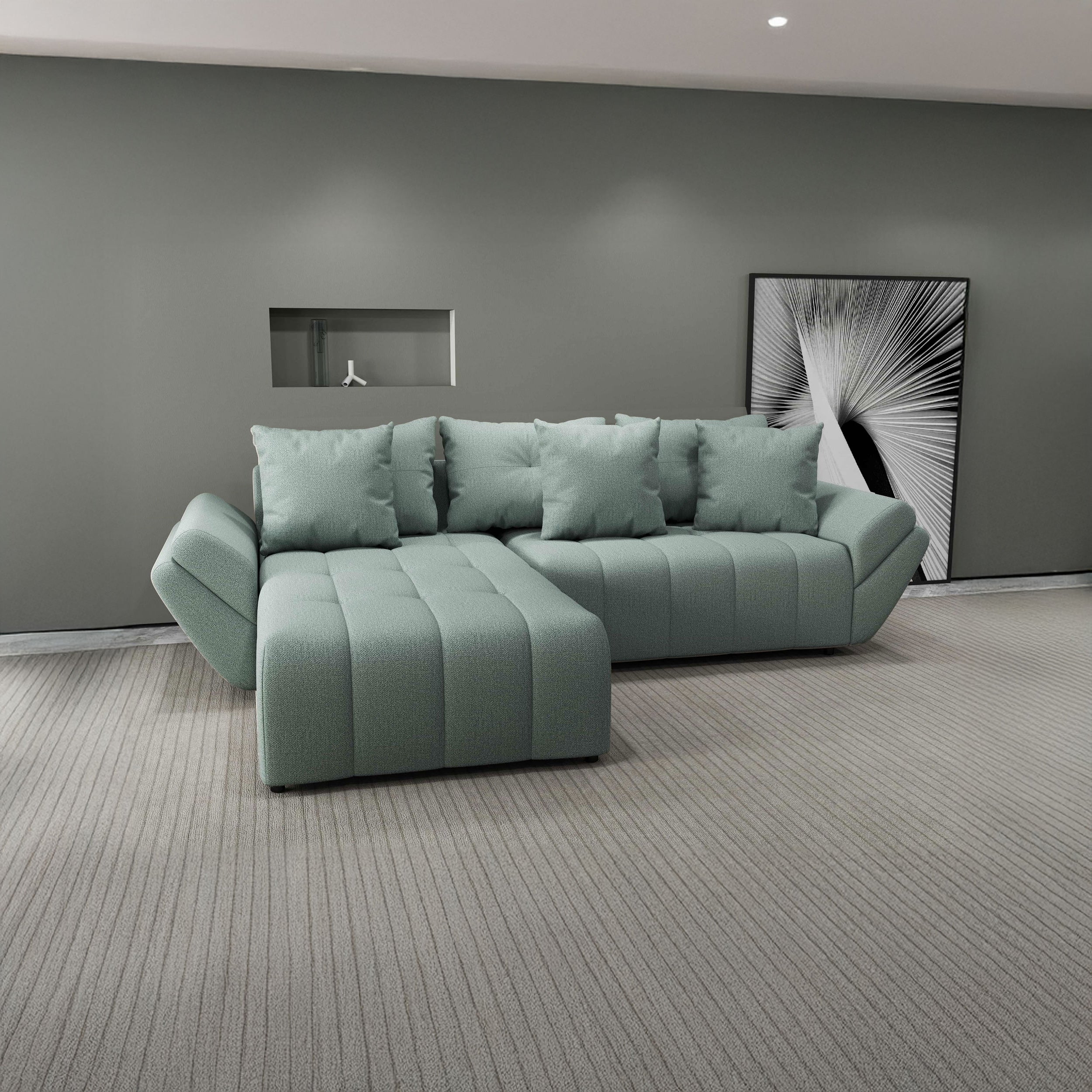 Colțar extensibil dumonde cu ladă de depozitare si sezut confortabil din spuma HR, Berlin Enjoy Mint 280x185 cm Fabrica