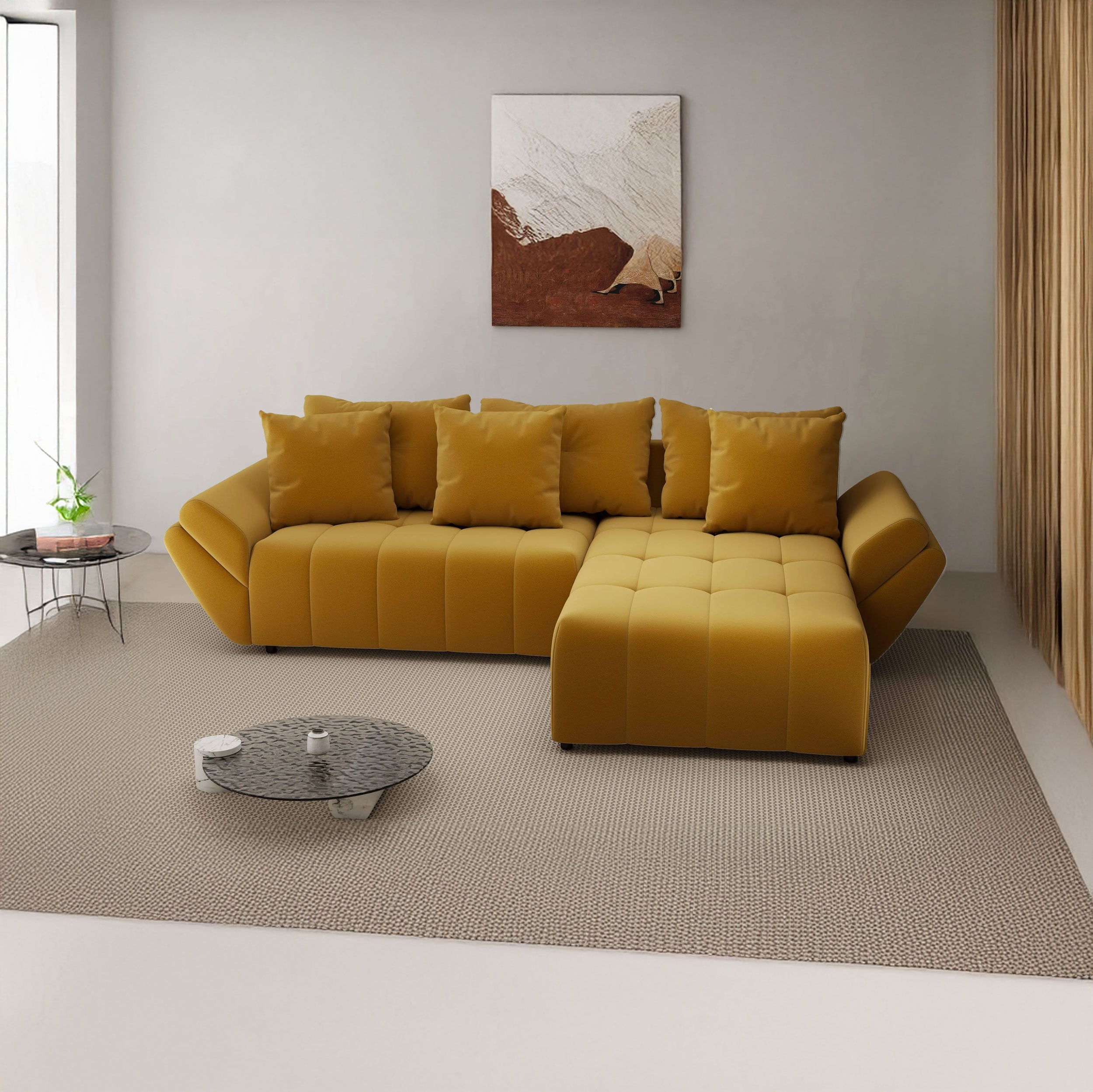 Colțar extensibil dumonde cu ladă de depozitare si sezut confortabil din spuma HR, Berlin Royal Mustar 280x185 cm II Fabrica