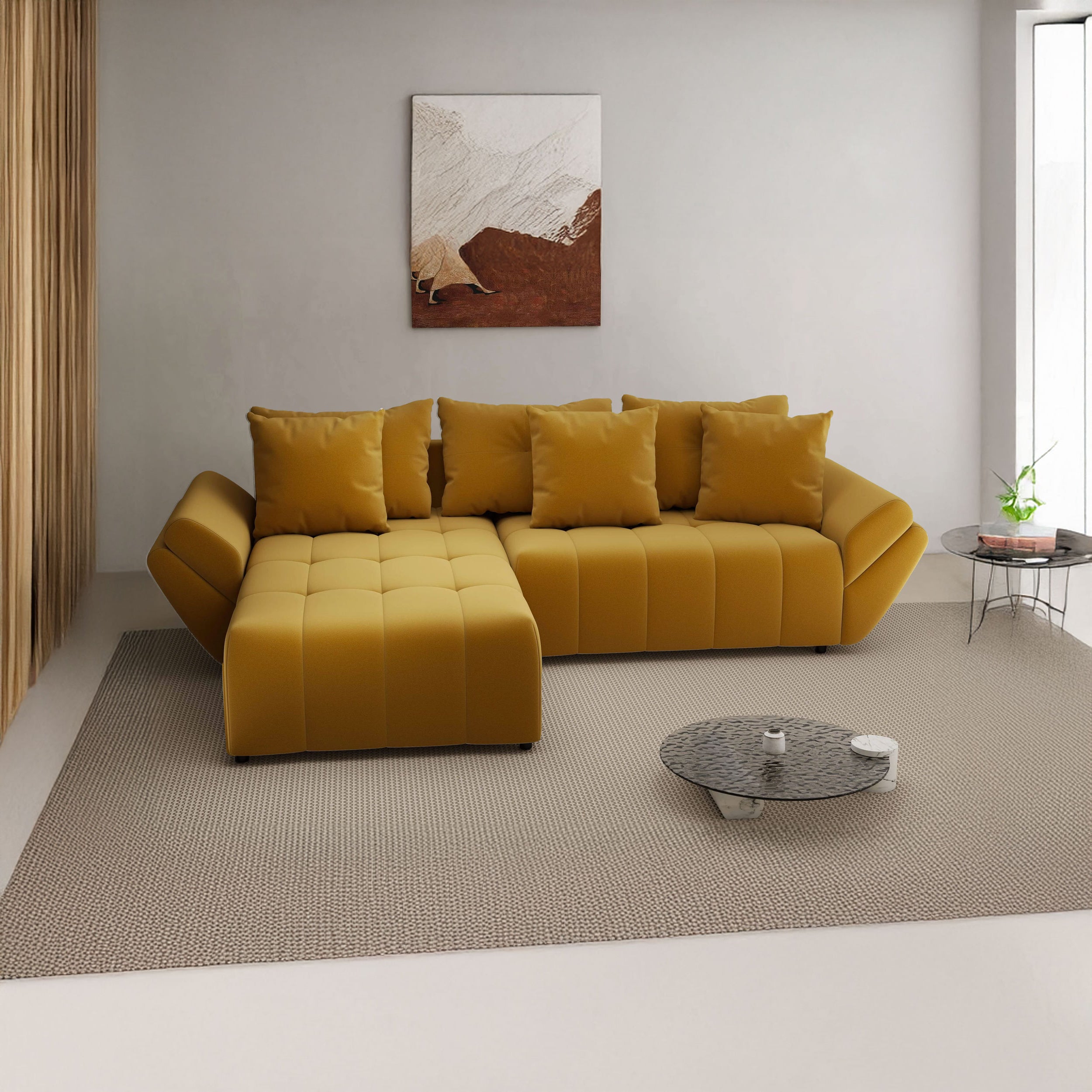 Colțar extensibil dumonde cu ladă de depozitare si sezut confortabil din spuma HR, Berlin Royal Mustar 280x185 cm Fabrica