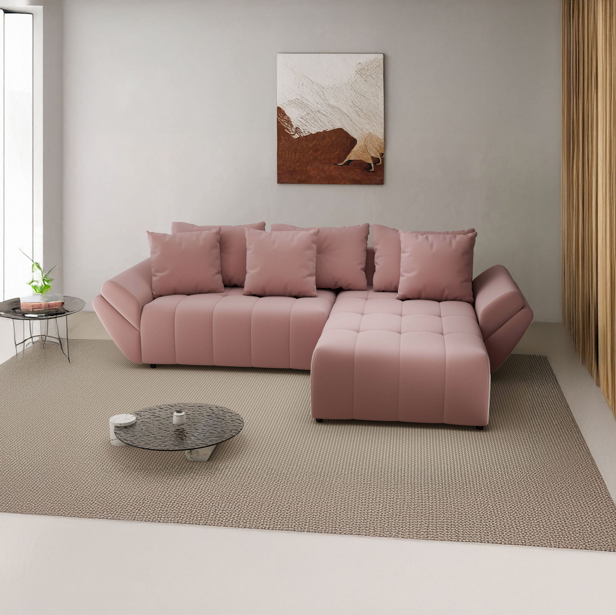 Colțar extensibil dumonde cu ladă de depozitare si sezut confortabil din spuma HR, Berlin Royal Roz 280x185 cm II Fabrica