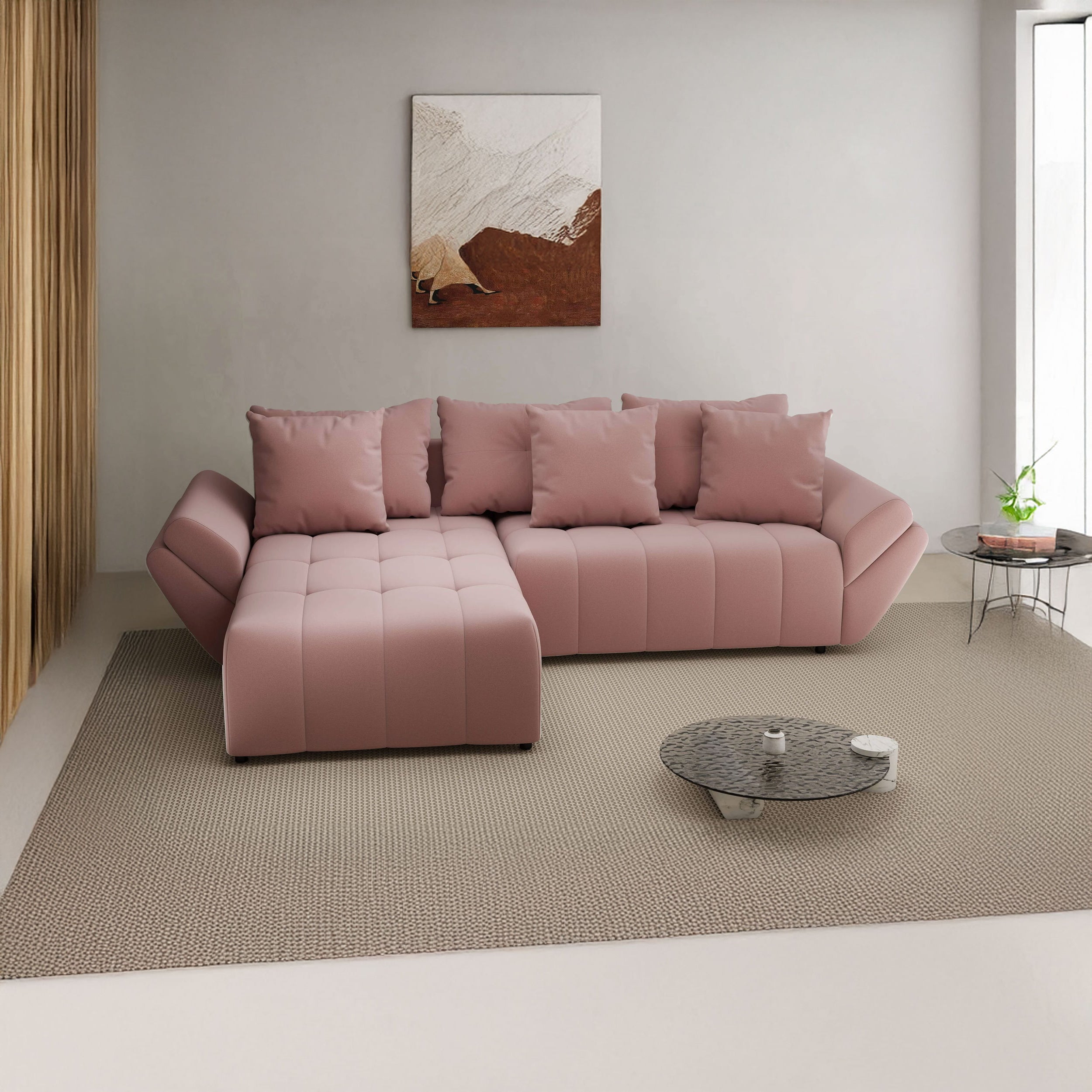 Colțar extensibil dumonde cu ladă de depozitare si sezut confortabil din spuma HR, Berlin Royal Roz 280x185 cm Fabrica