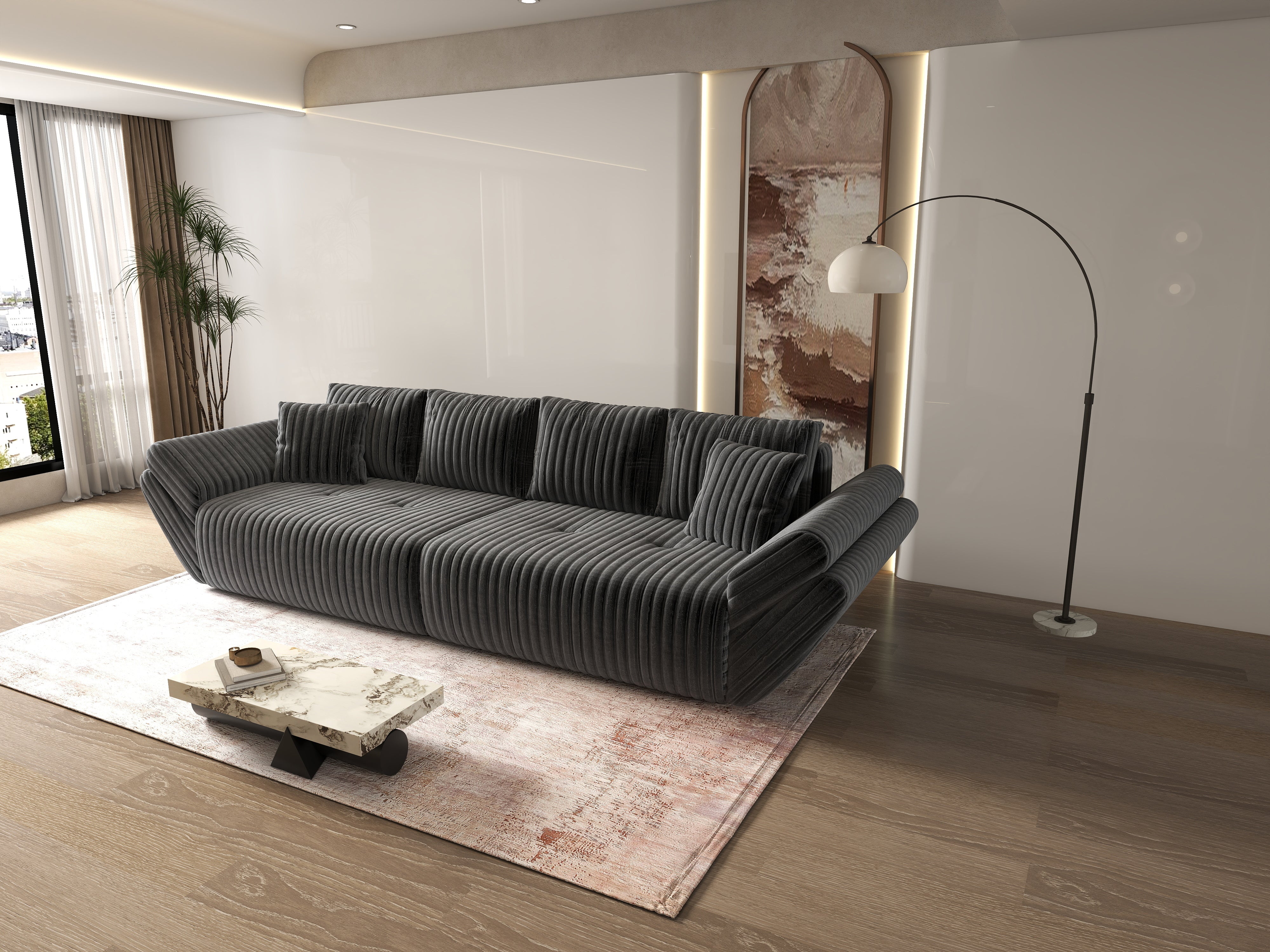 Canapea extensibilă dumonde cu ladă de depozitare si sezut confortabil din spuma HR, Berlin Ambience Grey 300x100 cm Fabrica