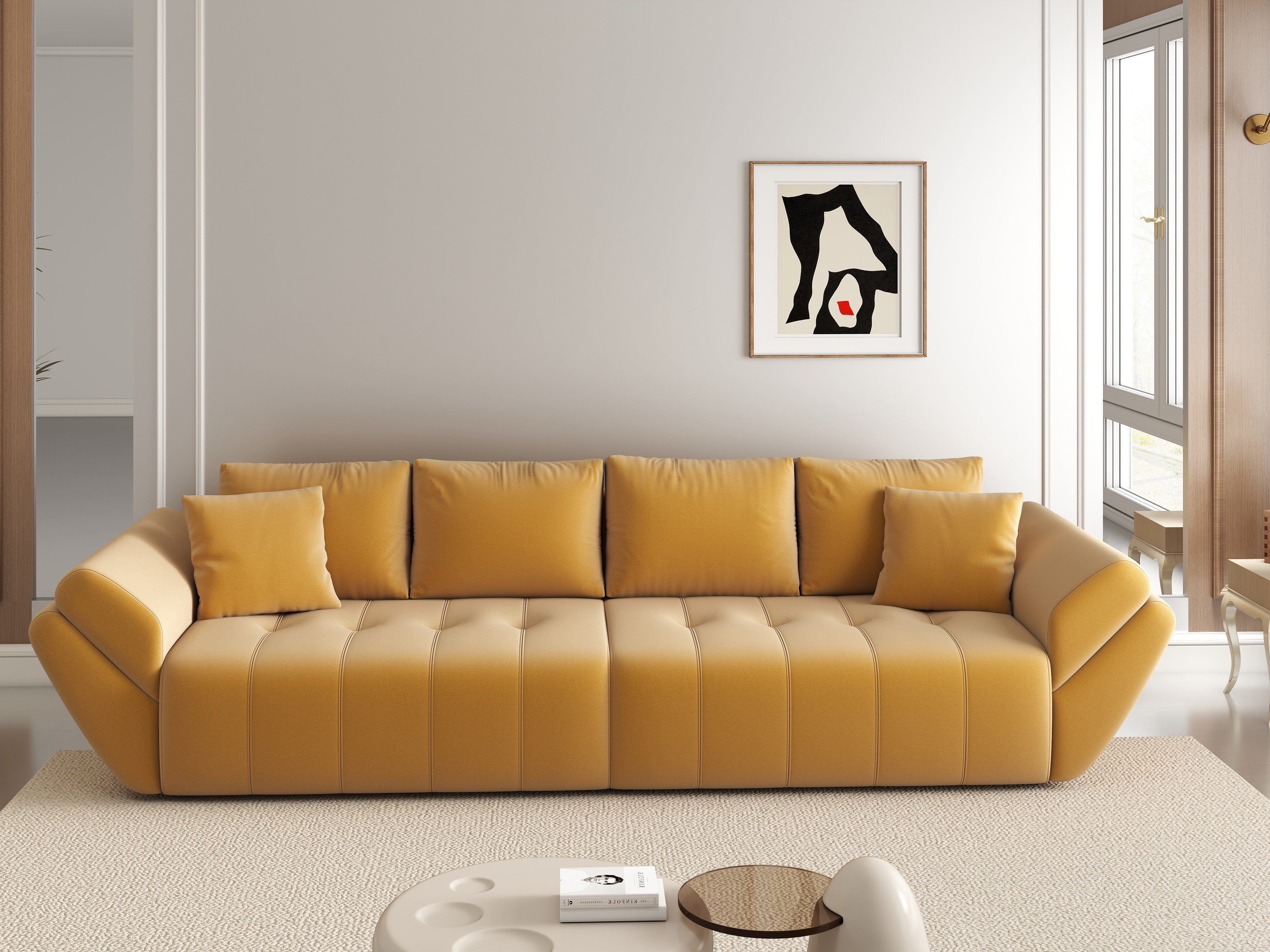 Canapea extensibilă dumonde cu ladă de depozitare si sezut confortabil din spuma HR, Berlin Royal Mustar 300x100 cm Fabrica