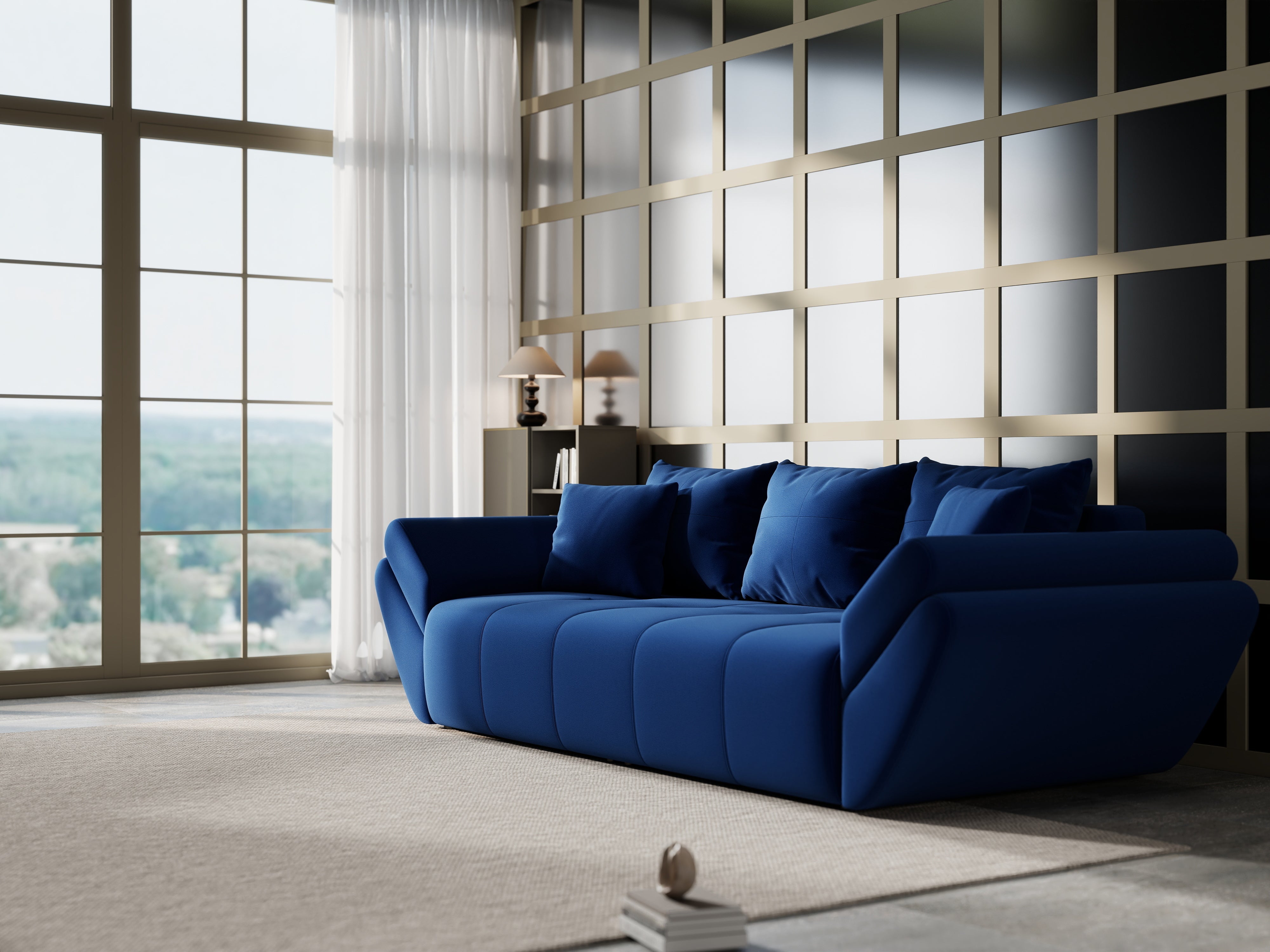 Canapea extensibilă dumonde cu ladă de depozitare si sezut confortabil din spuma HR, Berlin Royal Blue 250x100 cm Fabrica