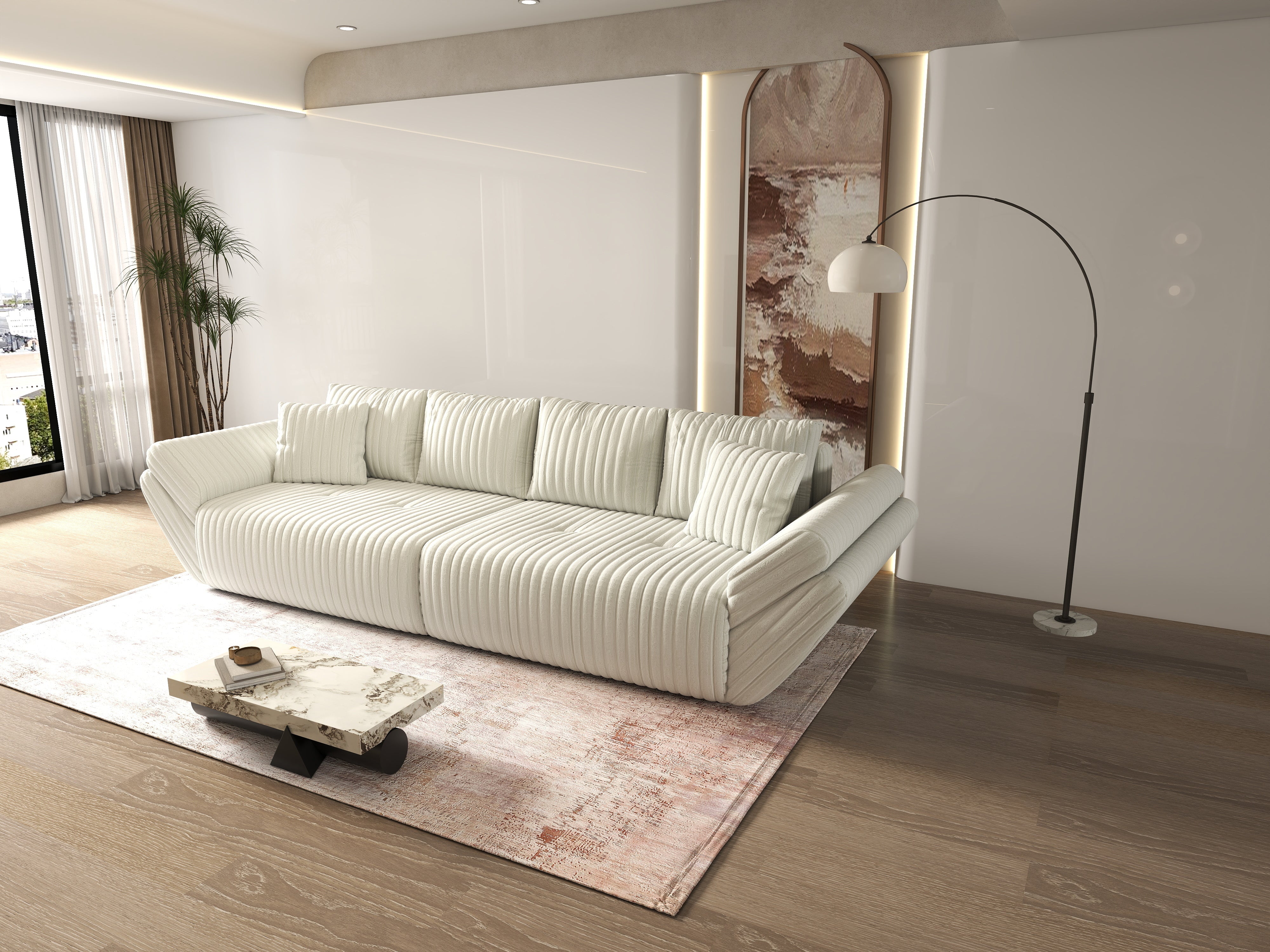 Canapea extensibilă dumonde cu ladă de depozitare si sezut confortabil din spuma HR, Berlin Ambience Ivory 300x100 cm Fabrica