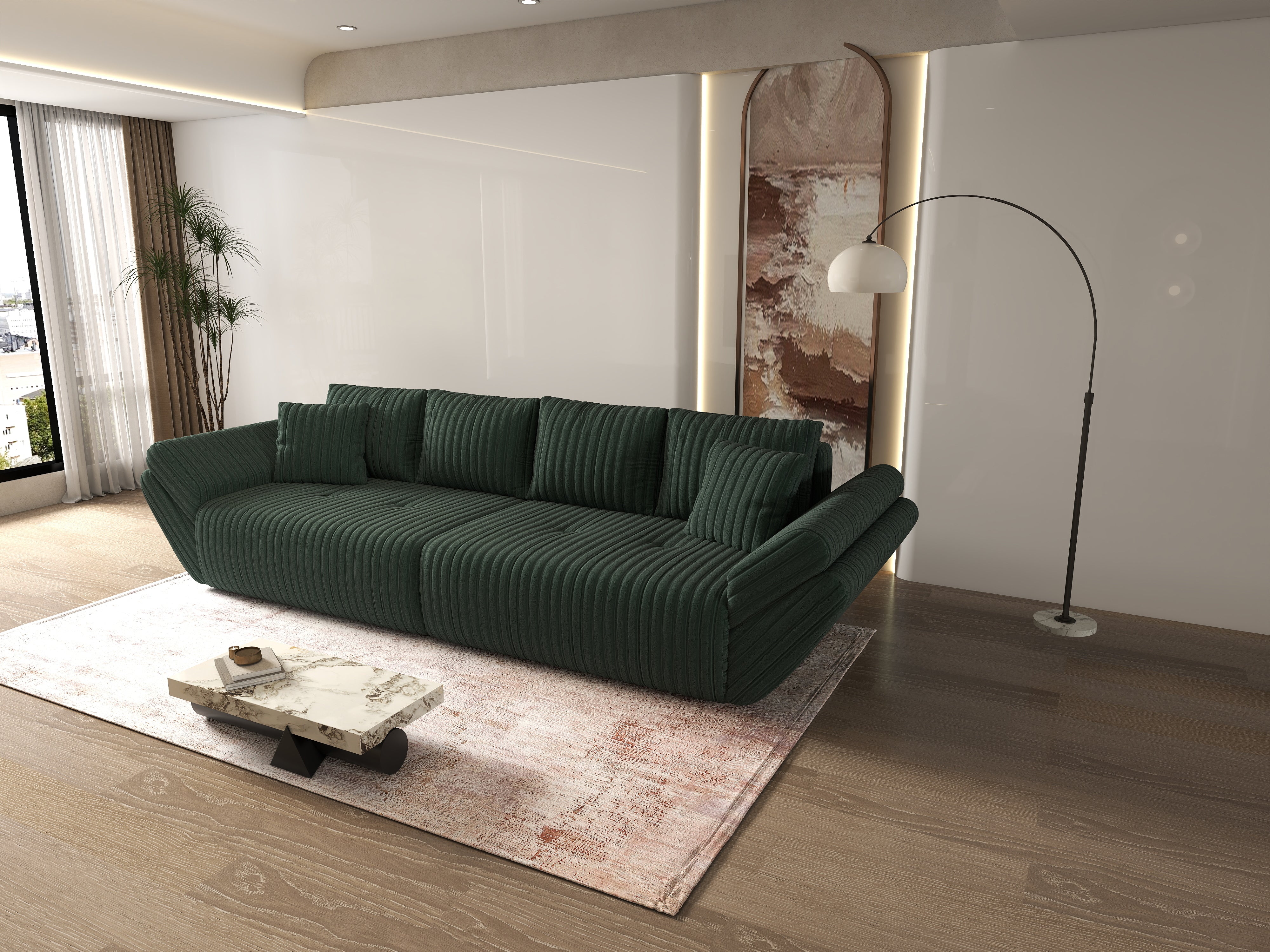 Canapea extensibilă dumonde cu ladă de depozitare si sezut confortabil din spuma HR, Berlin Ambience Green 300x100 cm Fabrica