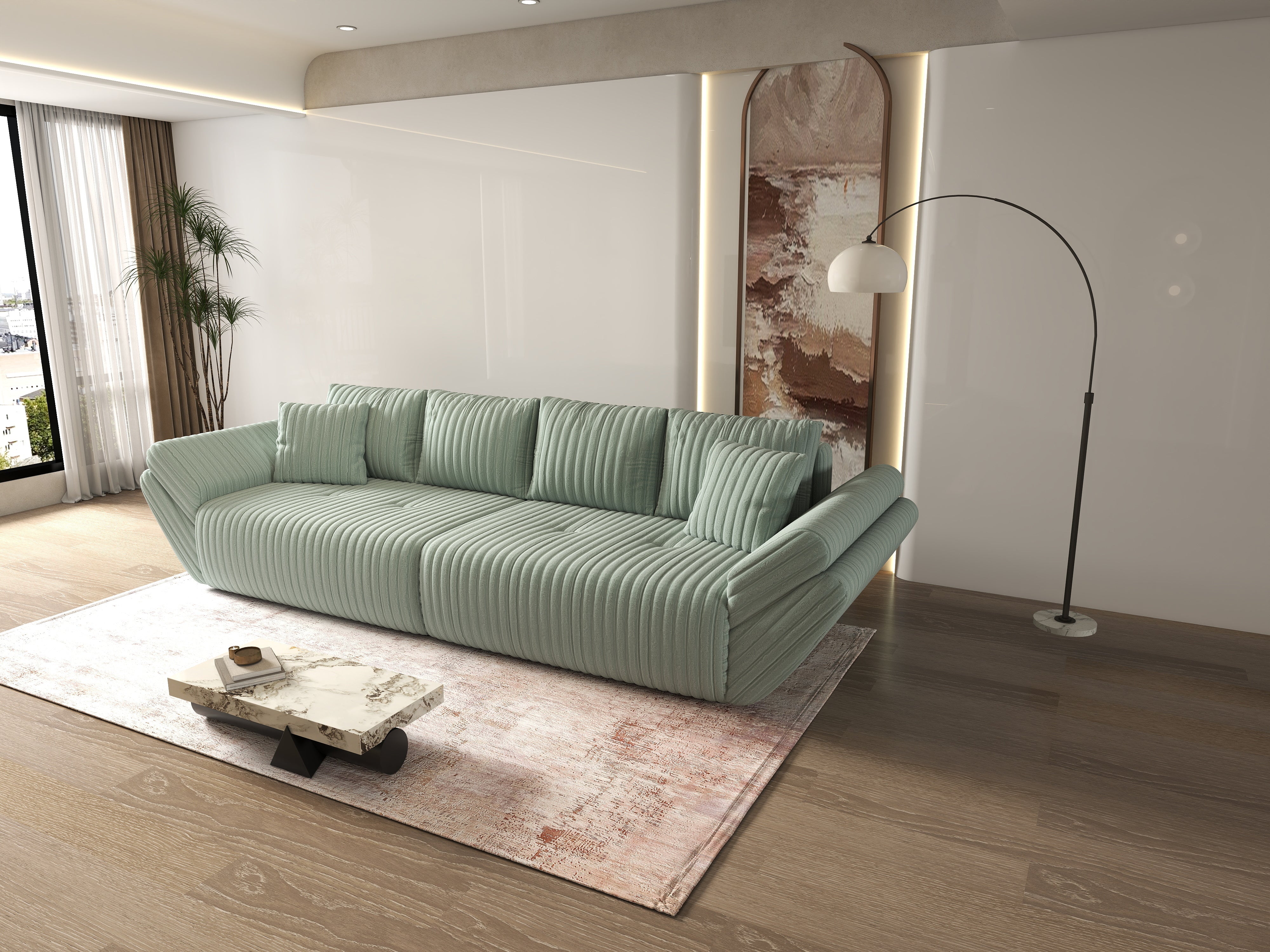 Canapea extensibilă dumonde cu ladă de depozitare si sezut confortabil din spuma HR, Berlin Ambience Mint 300x100 cm Fabrica