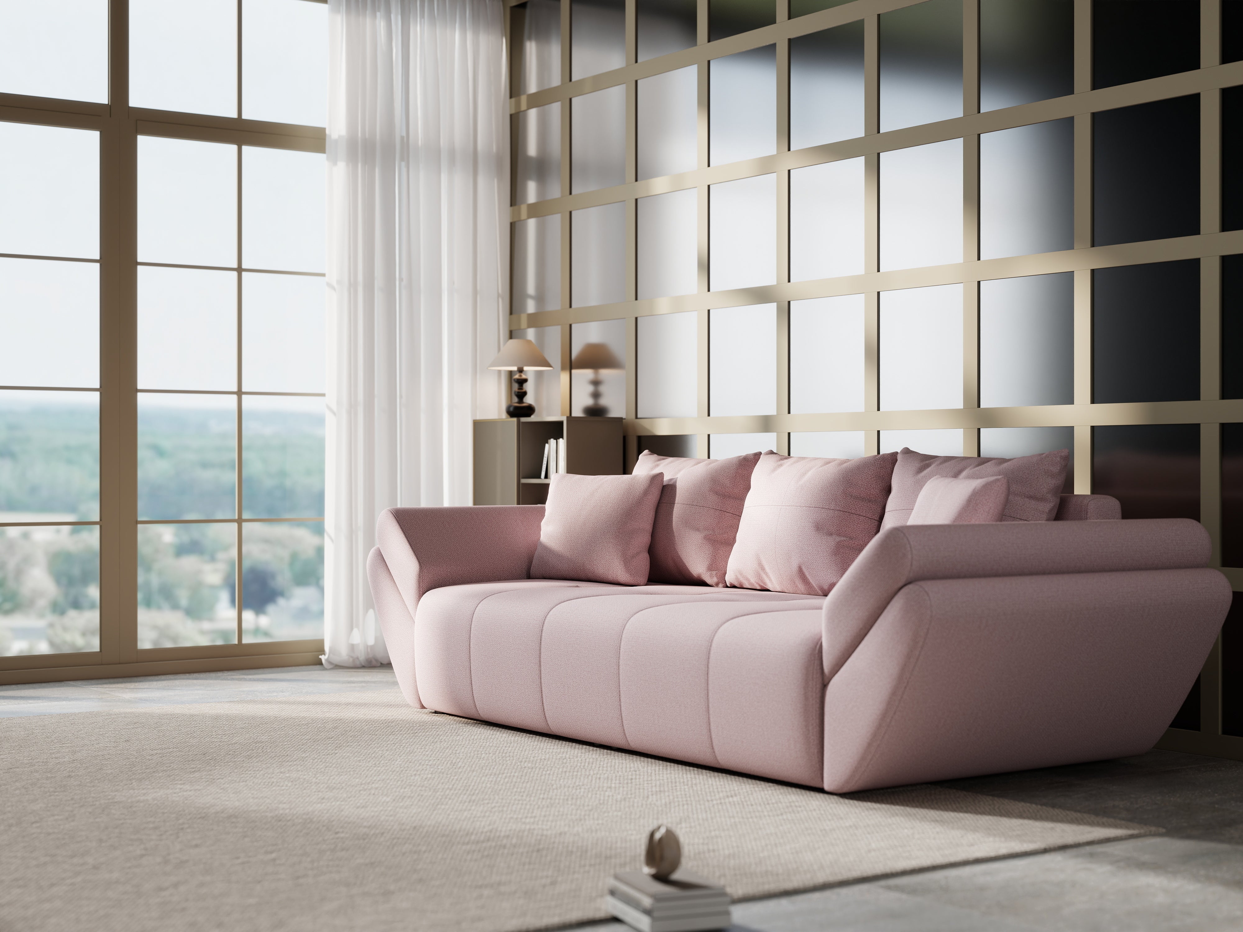 Canapea extensibilă dumonde cu ladă de depozitare si sezut confortabil din spuma HR, Berlin Enjoy Flamingo 250x100 cm Fabrica