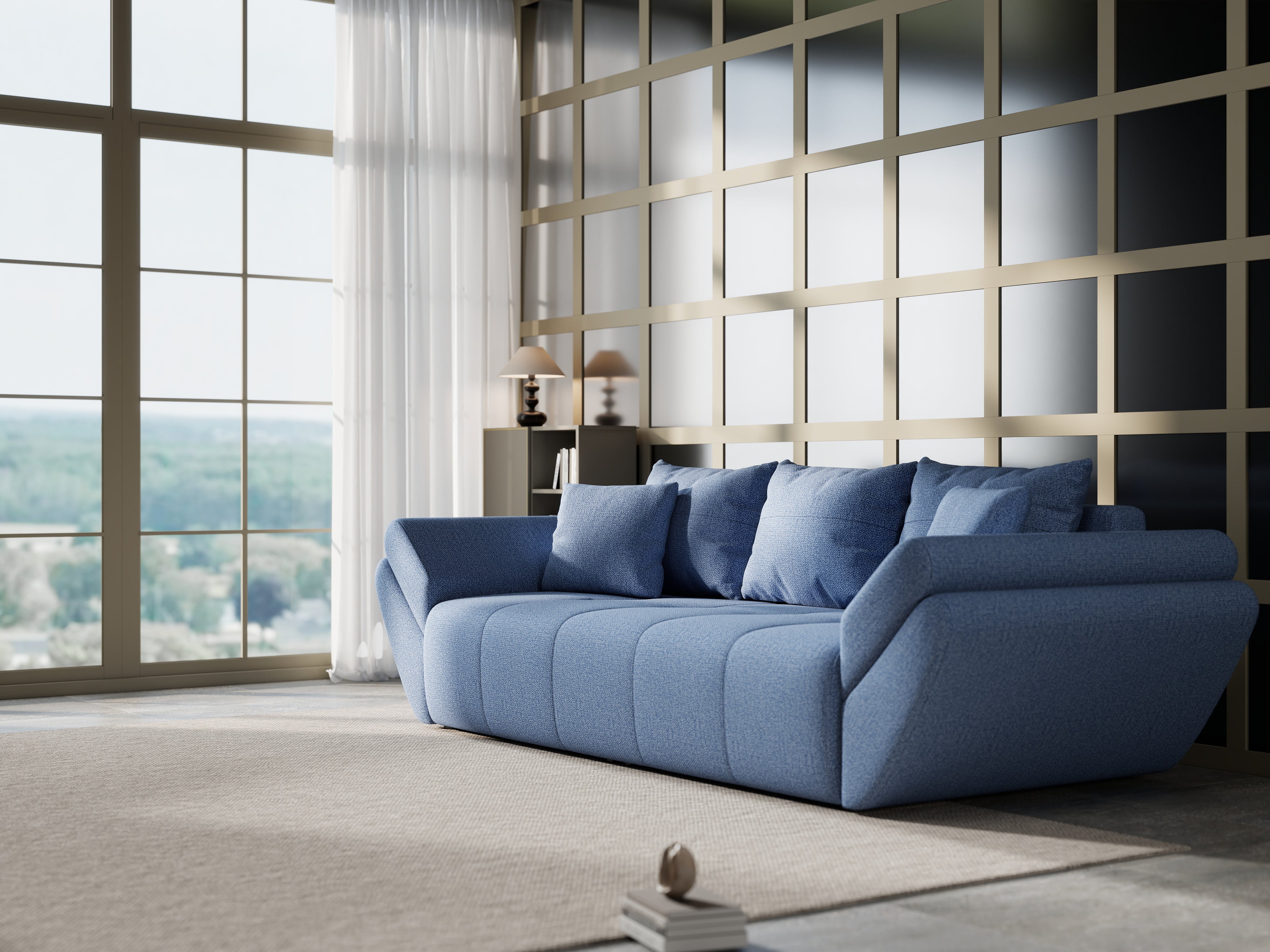 Canapea extensibilă dumonde cu ladă de depozitare si sezut confortabil din spuma HR, Berlin Enjoy Blue 250x100 cm Fabrica