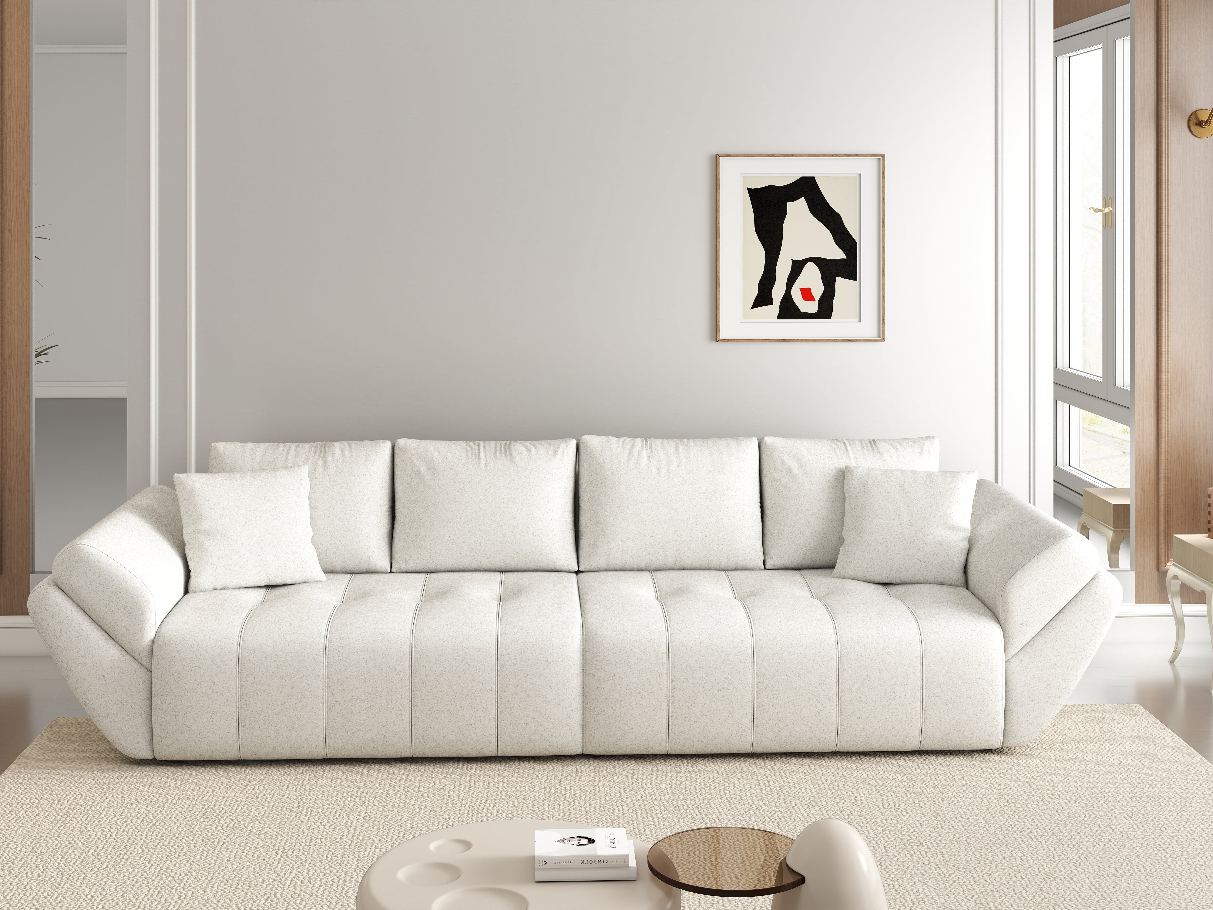 Canapea extensibilă dumonde cu ladă de depozitare si sezut confortabil din spuma HR, Berlin Euphoria Ivory 300x100 cm Fabrica