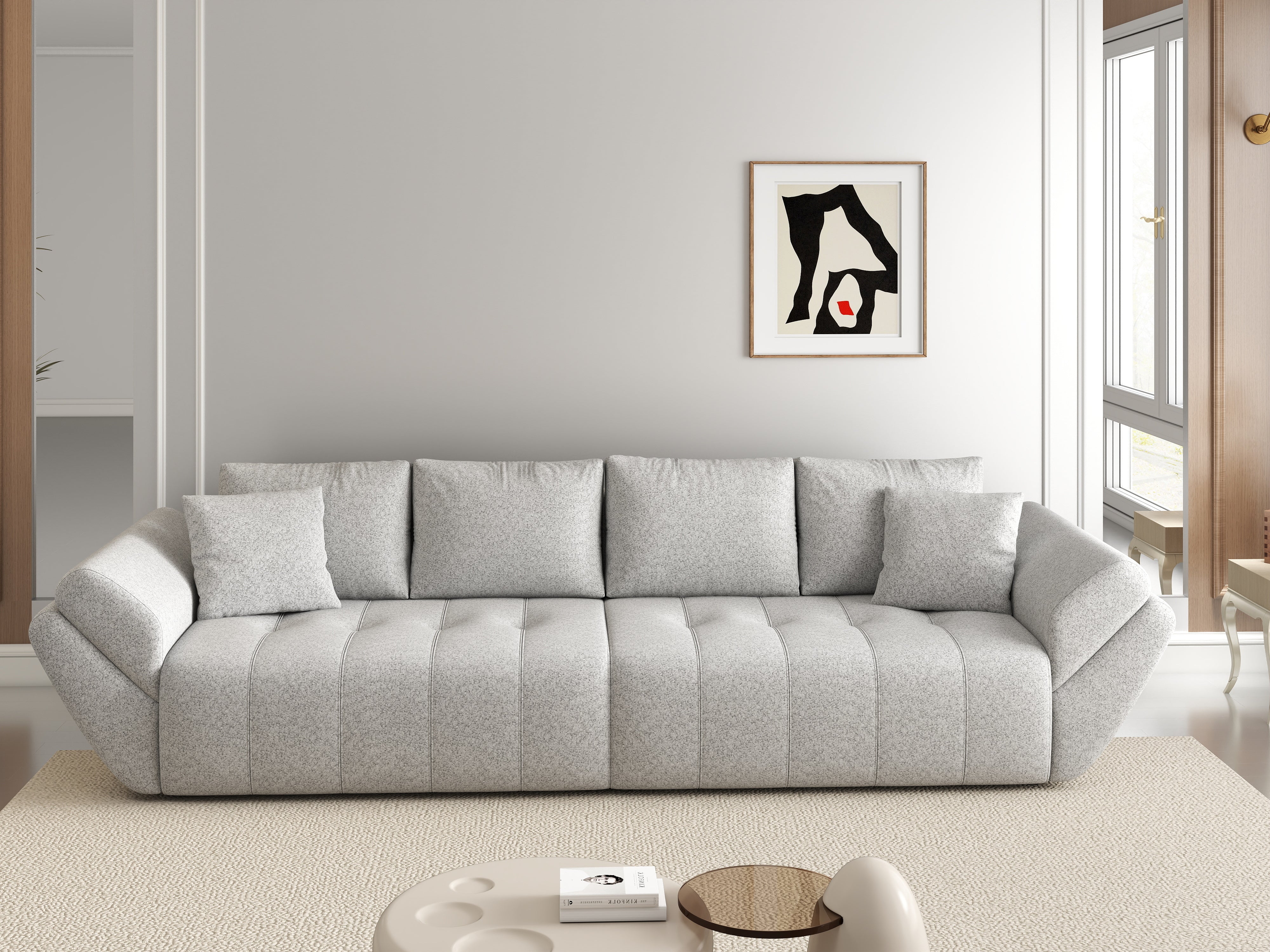 Canapea extensibilă dumonde cu ladă de depozitare si sezut confortabil din spuma HR, Berlin Euphoria Dove 300x100 cm Fabrica