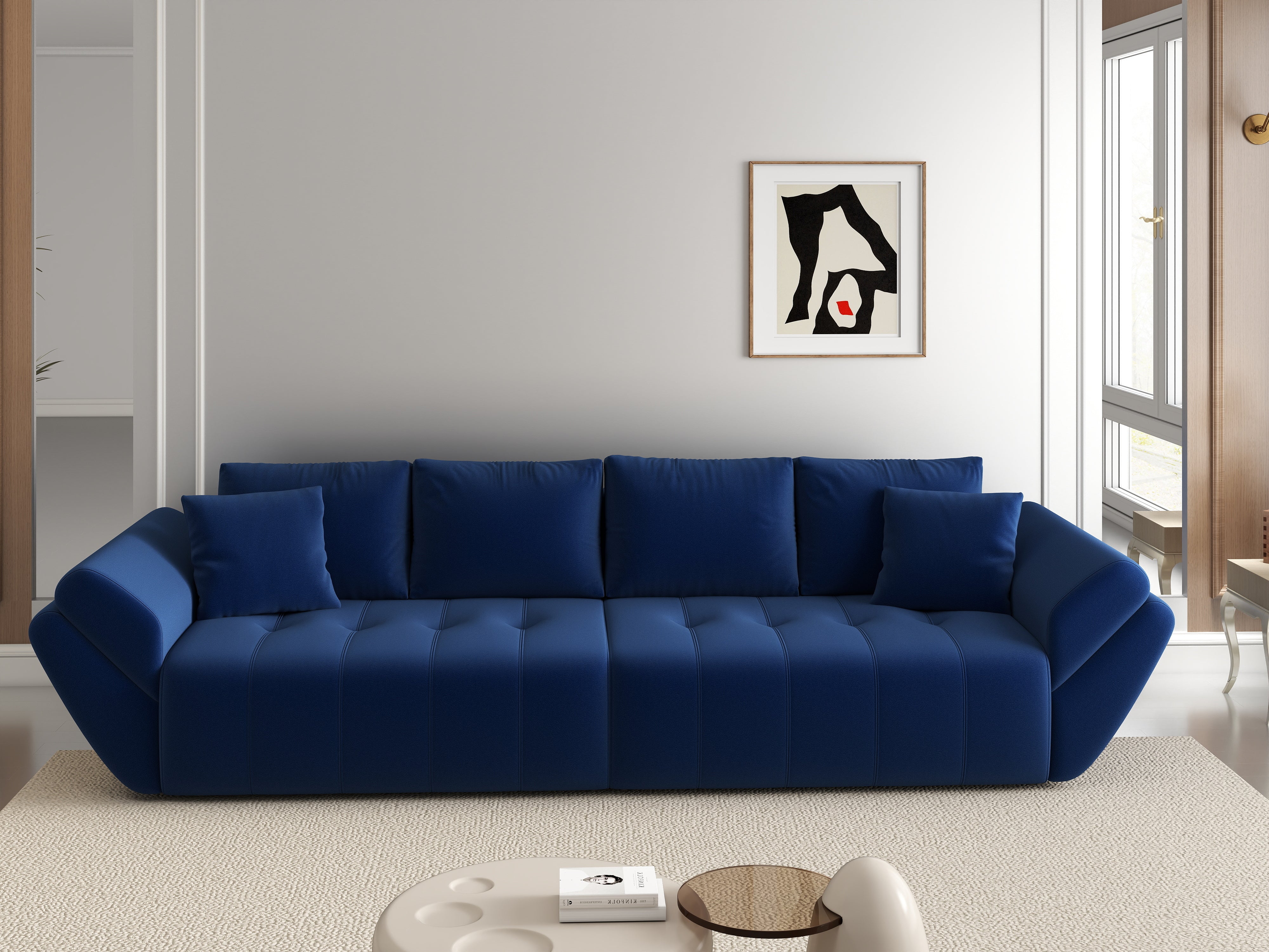 Canapea extensibilă dumonde cu ladă de depozitare si sezut confortabil din spuma HR, Berlin Royal Blue 300x100 cm Fabrica