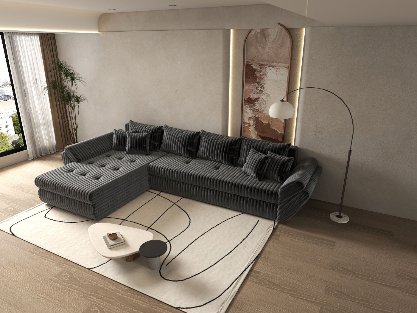 Colțar extensibil dumonde cu ladă de depozitare si sezut confortabil din spuma HR, Loana XL Ambience Gri 335x185 cm Fabrica