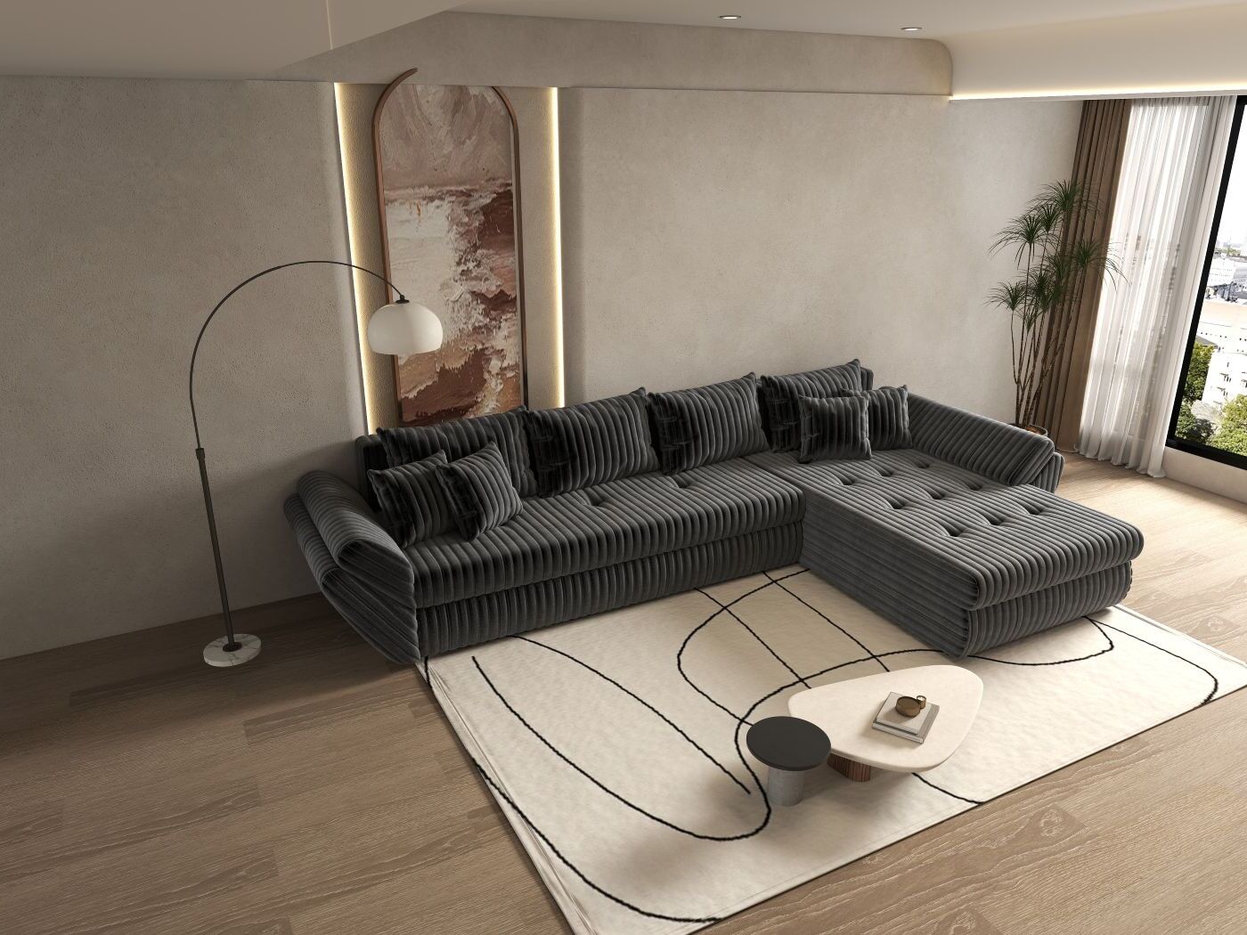 Colțar extensibil dumonde cu ladă de depozitare si sezut confortabil din spuma HR, Loana XL Ambience Gri II 335x185 cm Fabrica