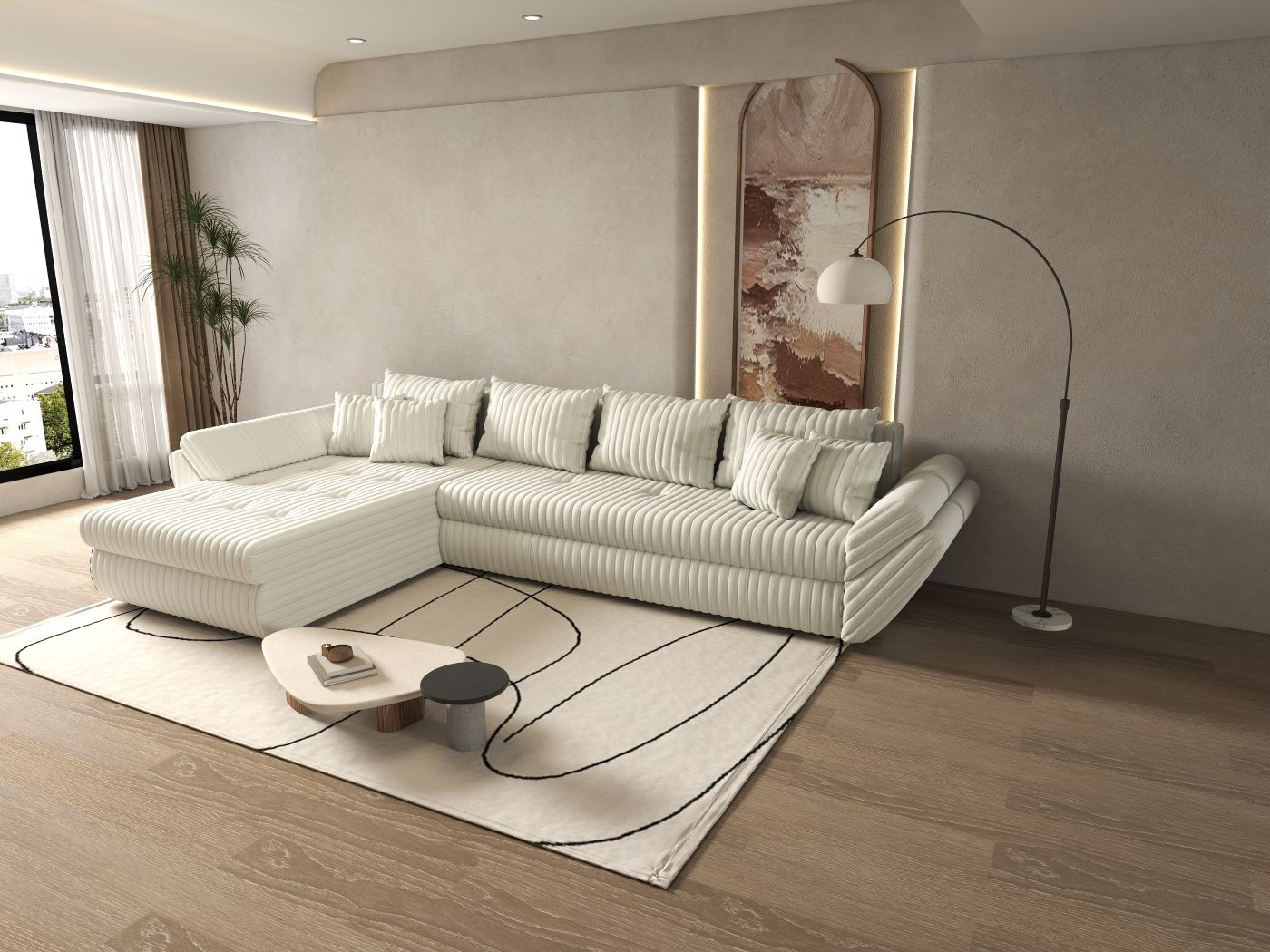 Colțar extensibil dumonde cu ladă de depozitare si sezut confortabil din spuma HR, Loana XL Ambience Ivory 335x185 cm Fabrica