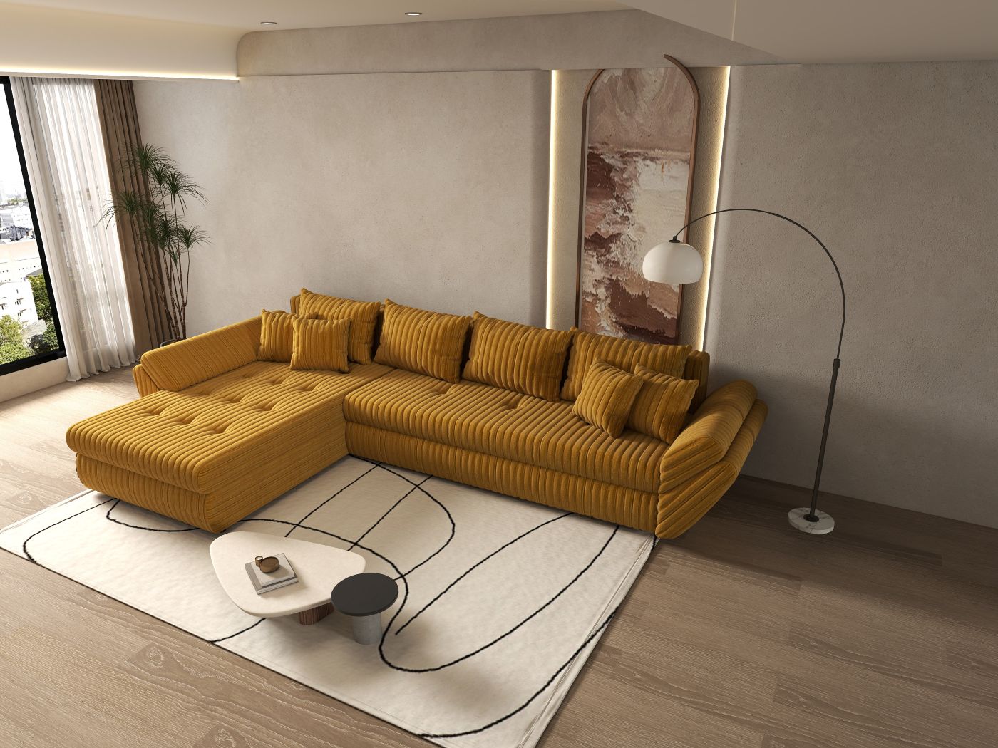 Colțar extensibil dumonde cu ladă de depozitare si sezut confortabil din spuma HR, Loana XL Ambience Mustar 335x185 cm Fabrica