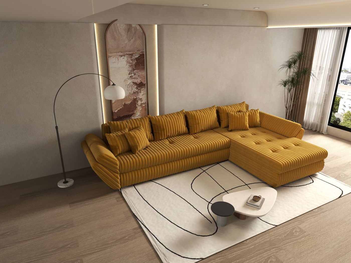 Colțar extensibil dumonde cu ladă de depozitare si sezut confortabil din spuma HR, Loana XL Ambience Mustar II 335x185 cm Fabrica