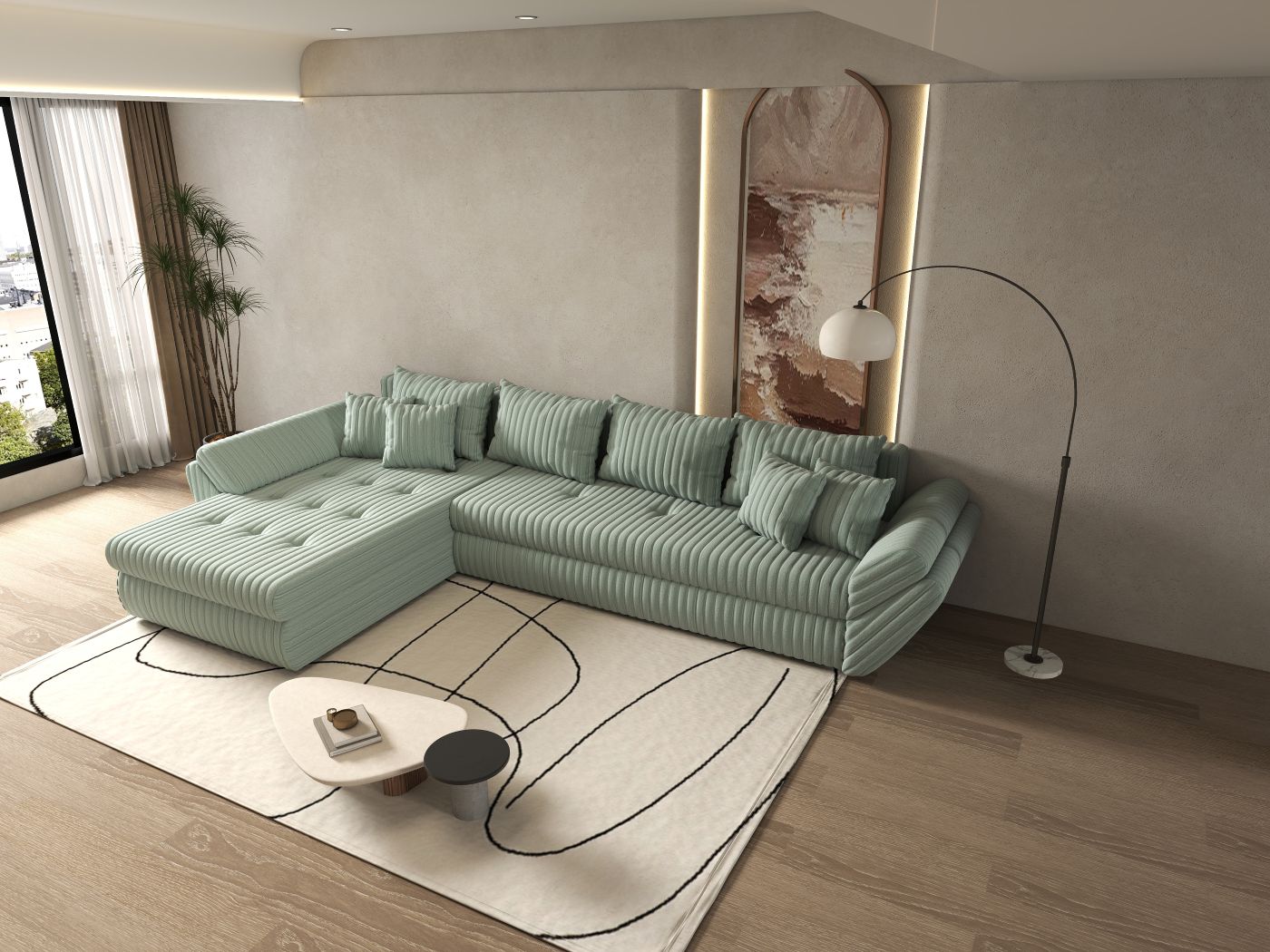 Colțar extensibil dumonde cu ladă de depozitare si sezut confortabil din spuma HR, Loana XL Ambience Mint 335x185 cm Fabrica